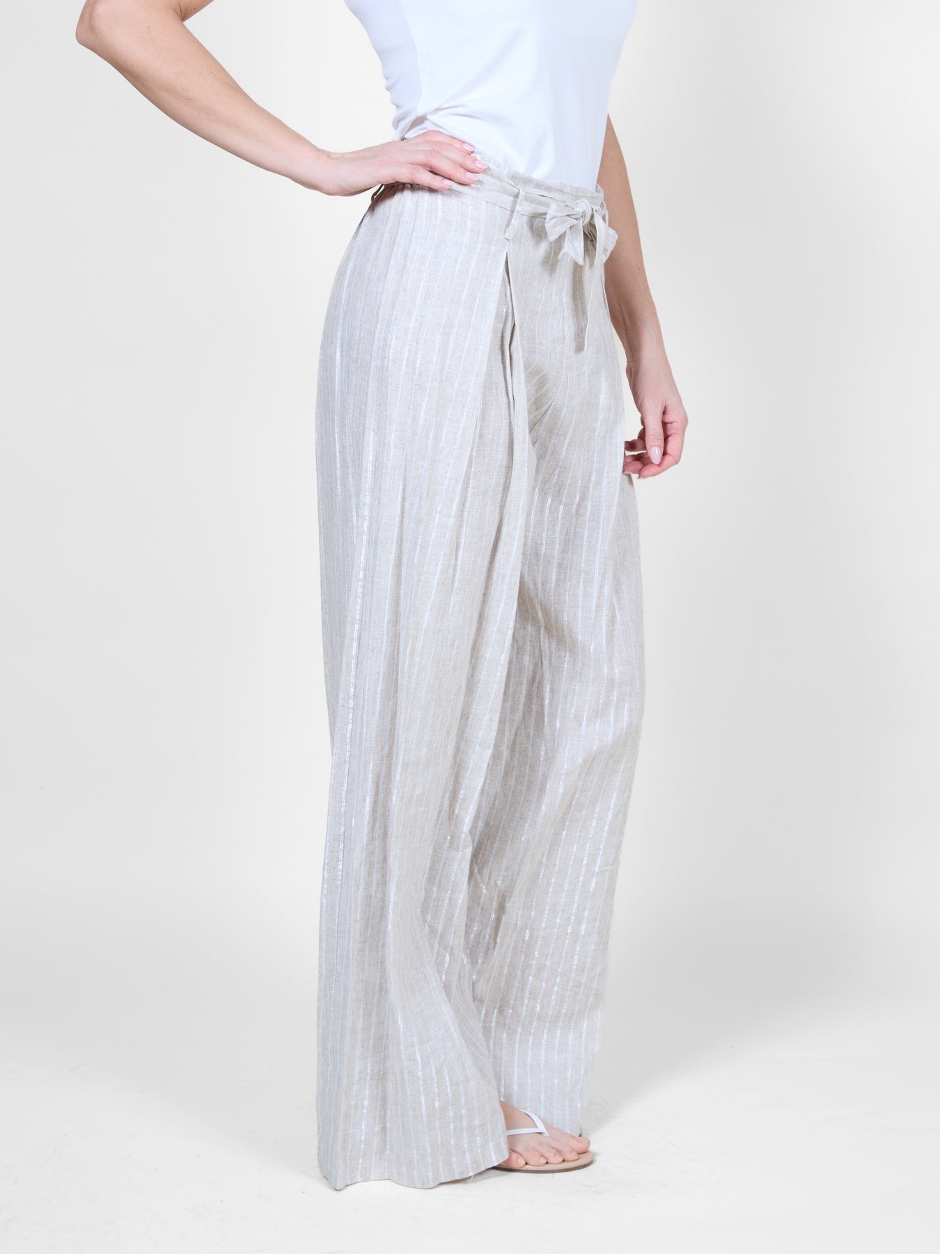 Oatmeal Melange Wide Leg Pants with Metallic Stripes and Tie Belt