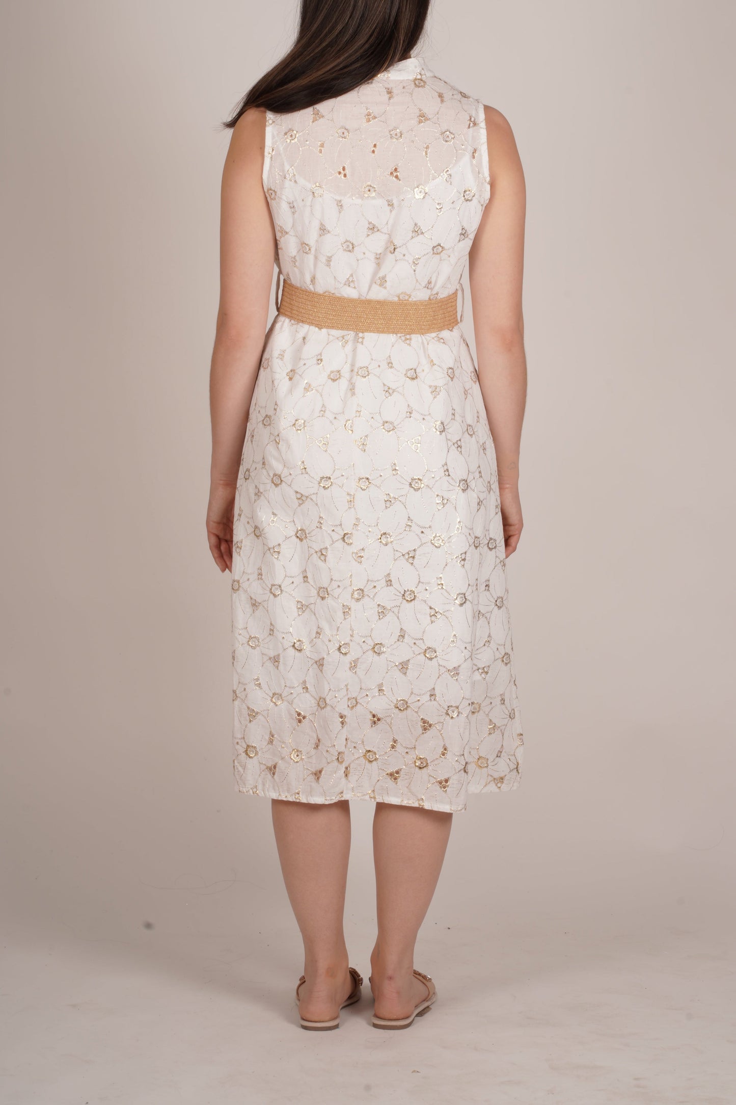 White Dress with All-Over Gold Embroidered Design