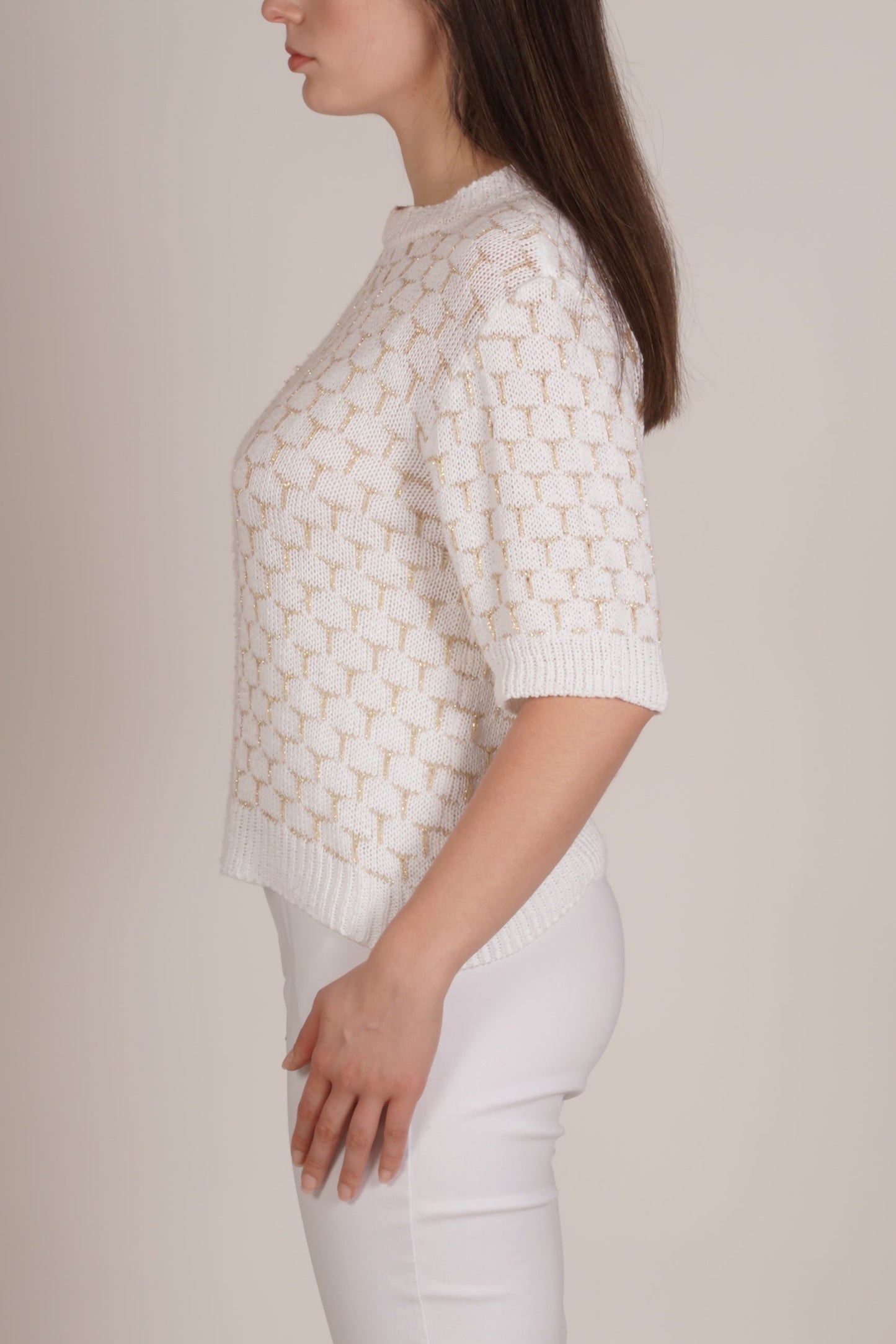 White Short Sleeve Knit Sweater with Geometric Hexagon Design