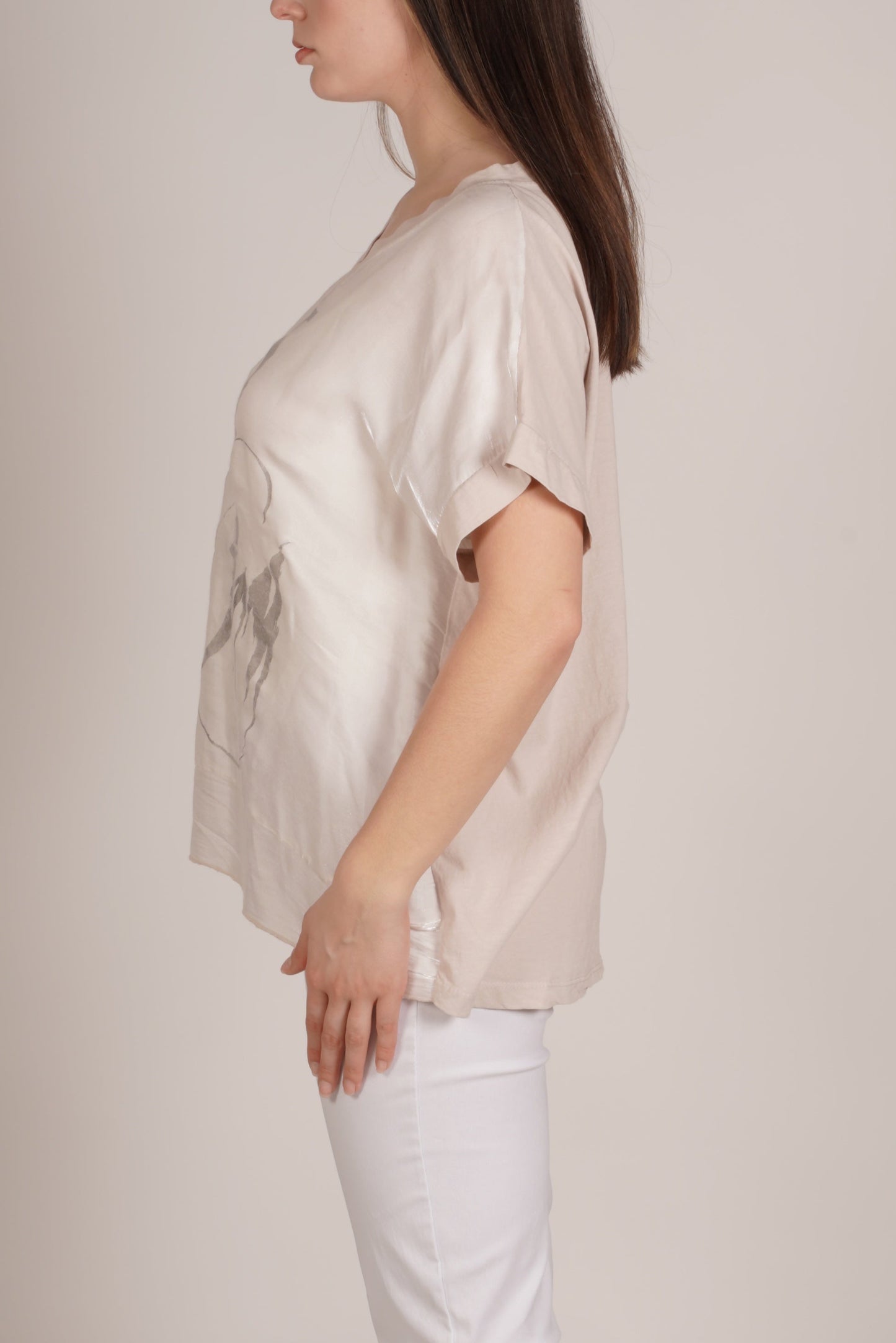 Beige Drop Shoulder Combo Knit Shimmer Top
