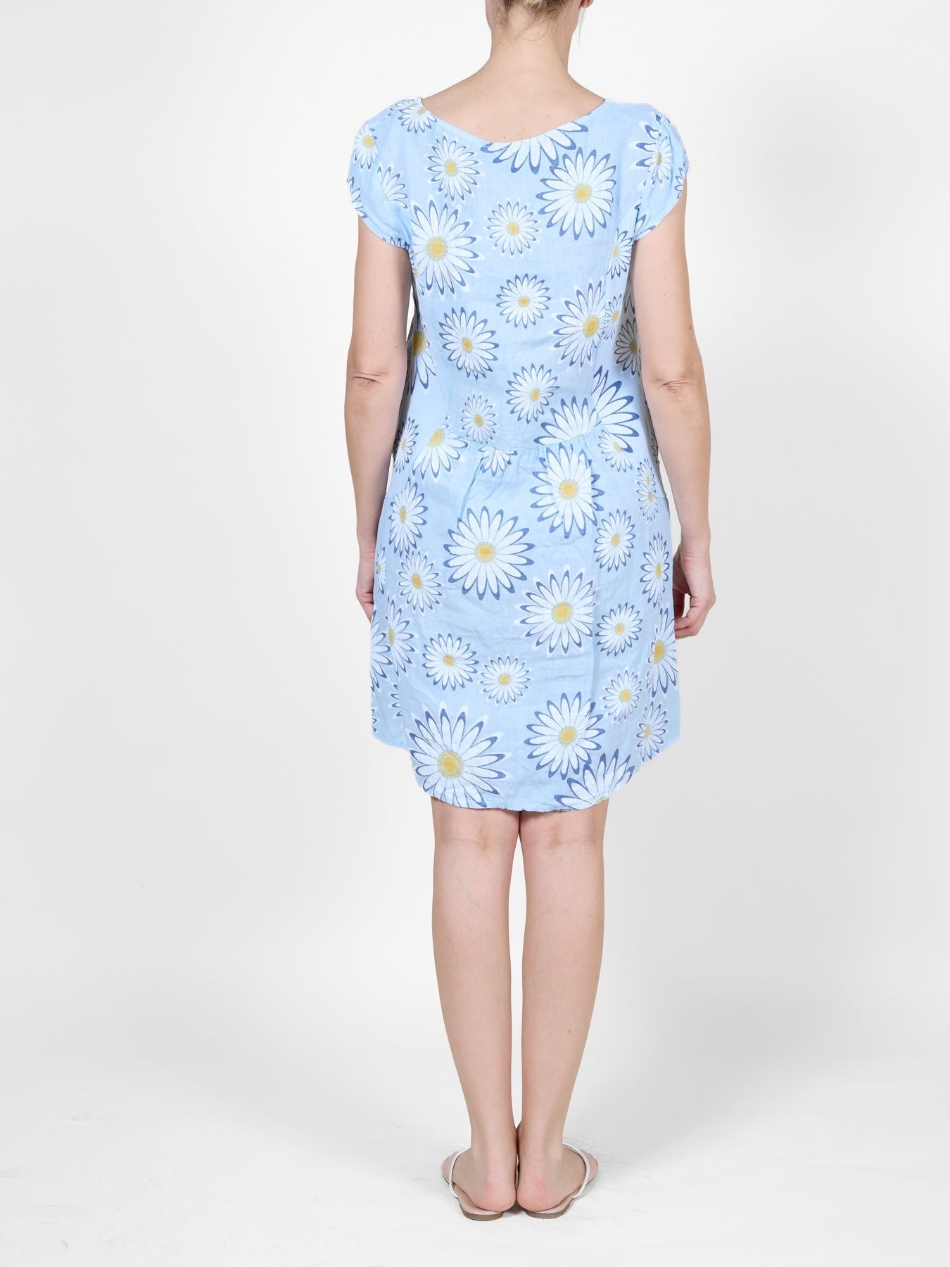 Airy Blue Daisy Print Dress with Cap Sleeves