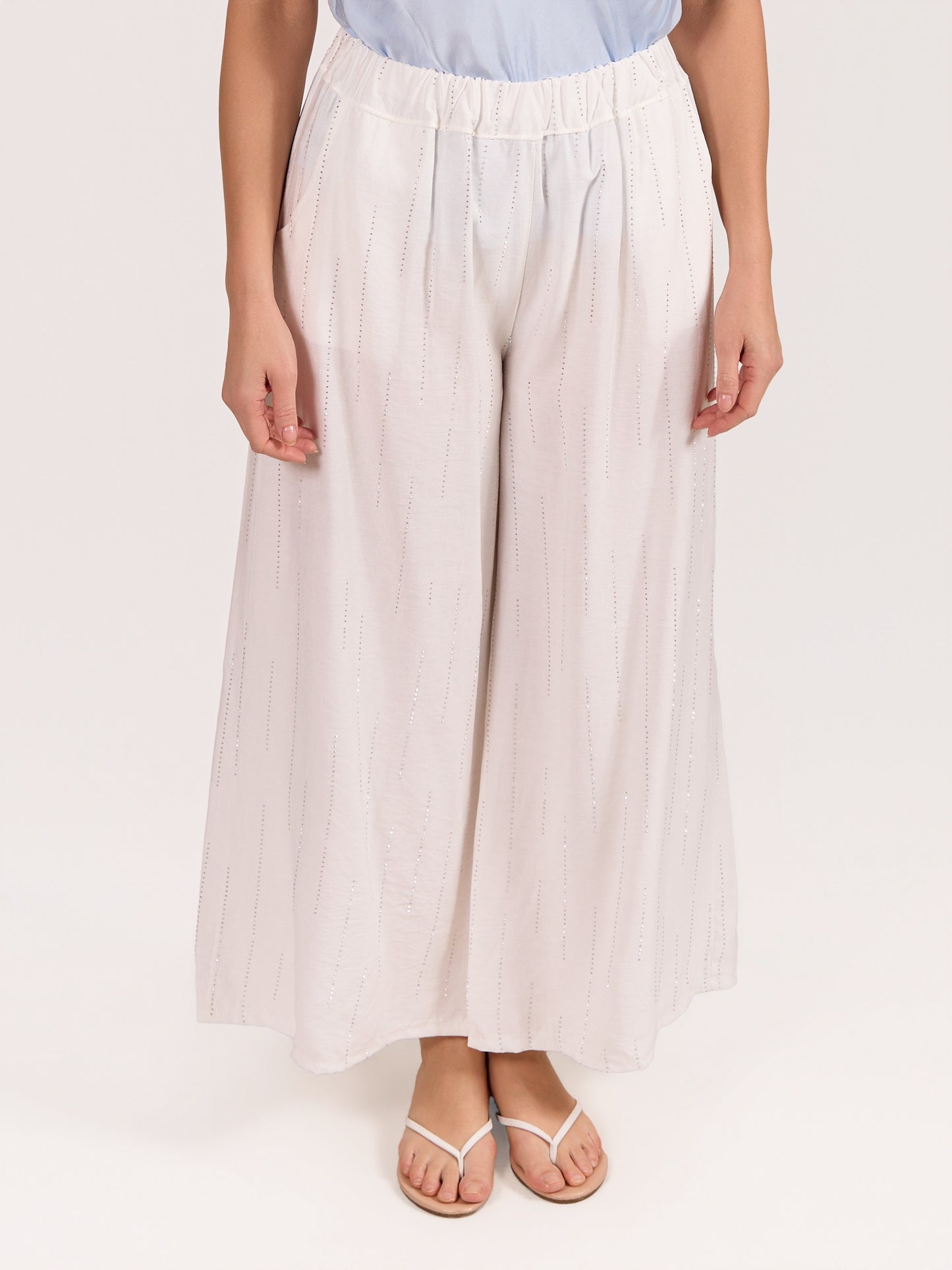 White Pull On Studed Wide leg Pant