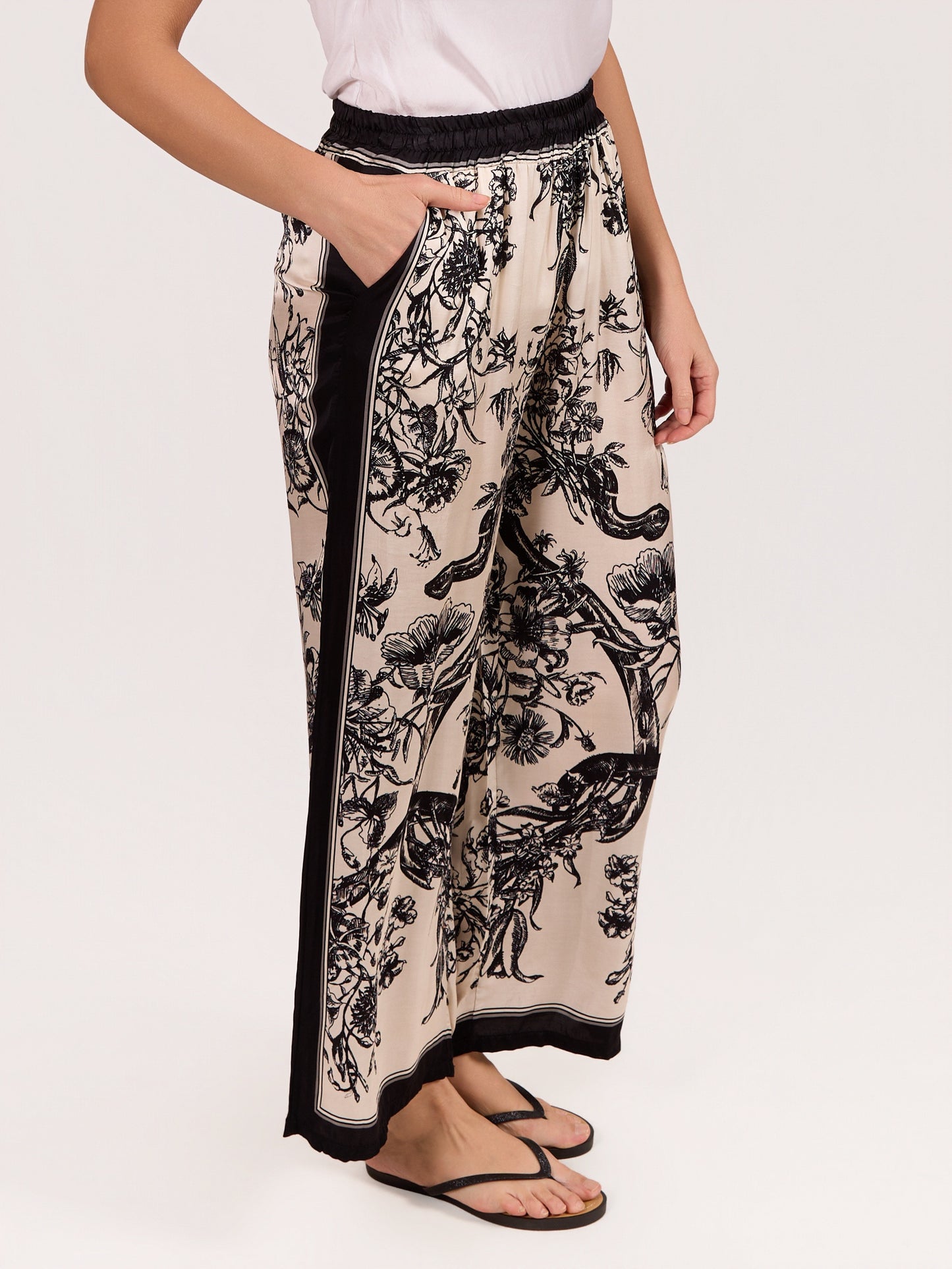Ivory & Black Botanical Print Wide Leg Pant