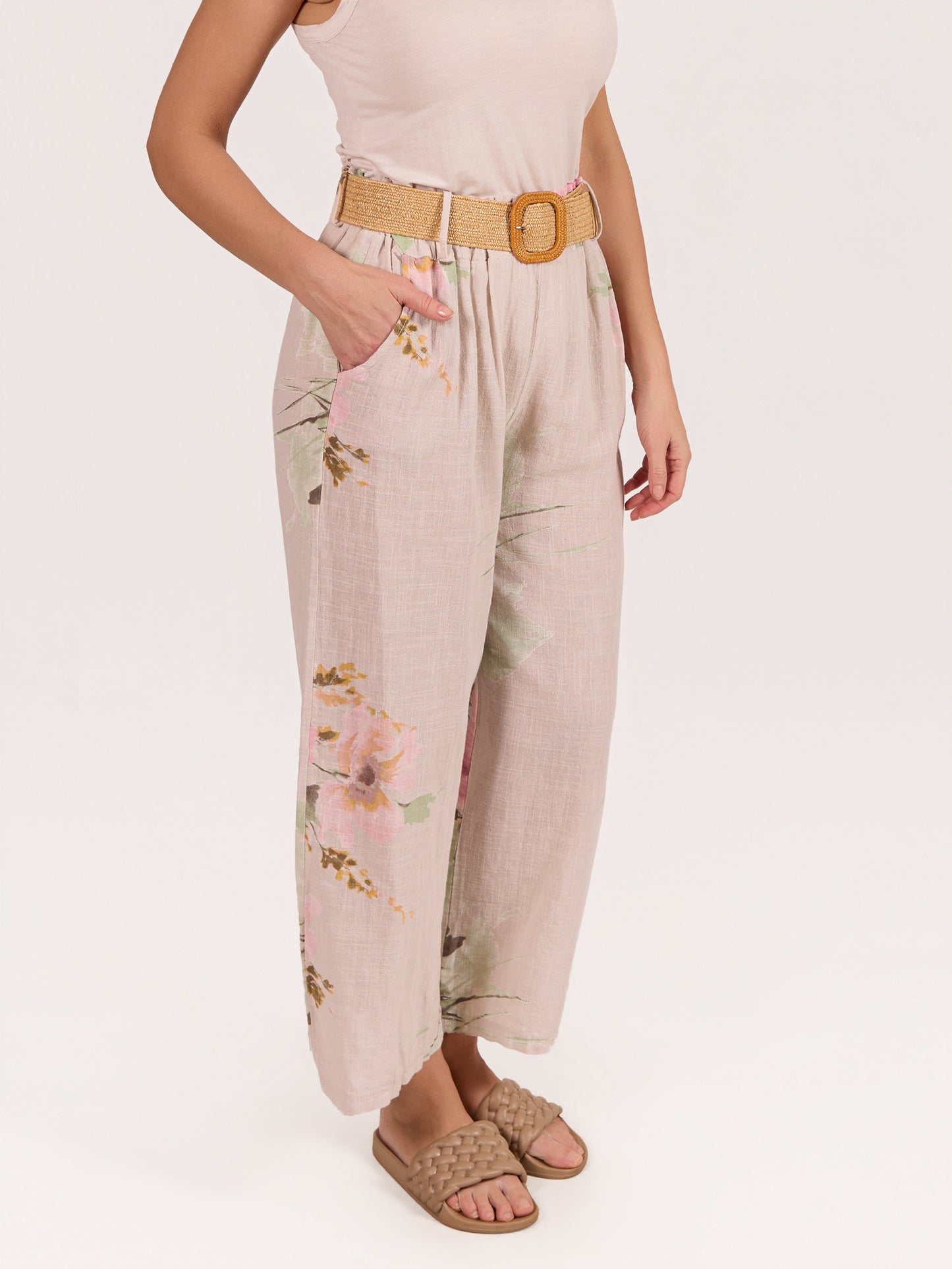 Beige Pull on Drawstring Floral Pant