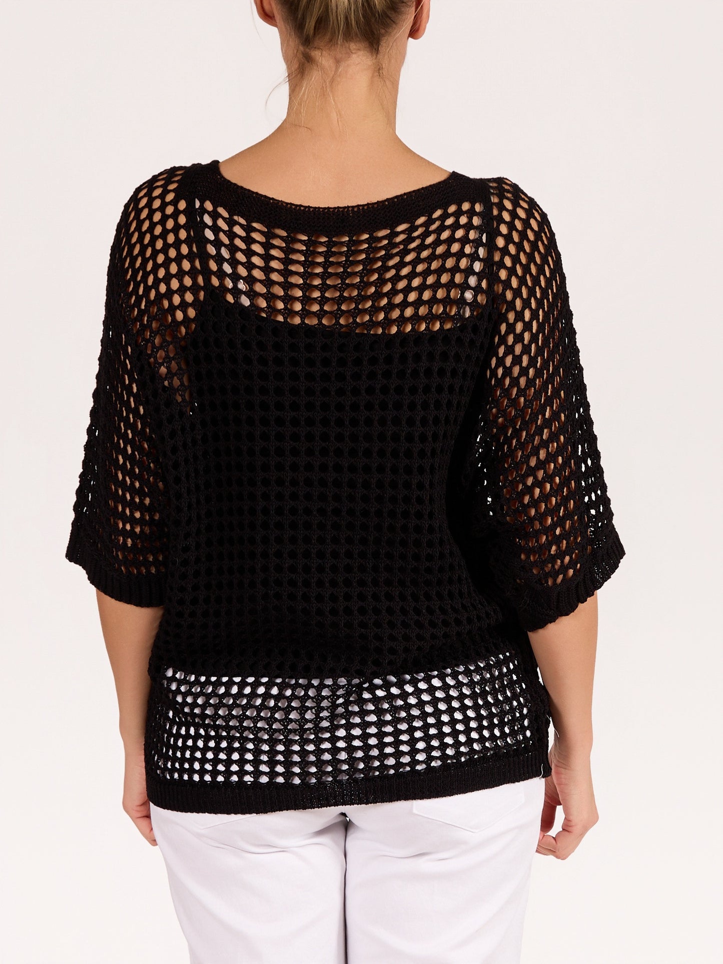 Black V Neck Drop Shoulder Crochet Sweater