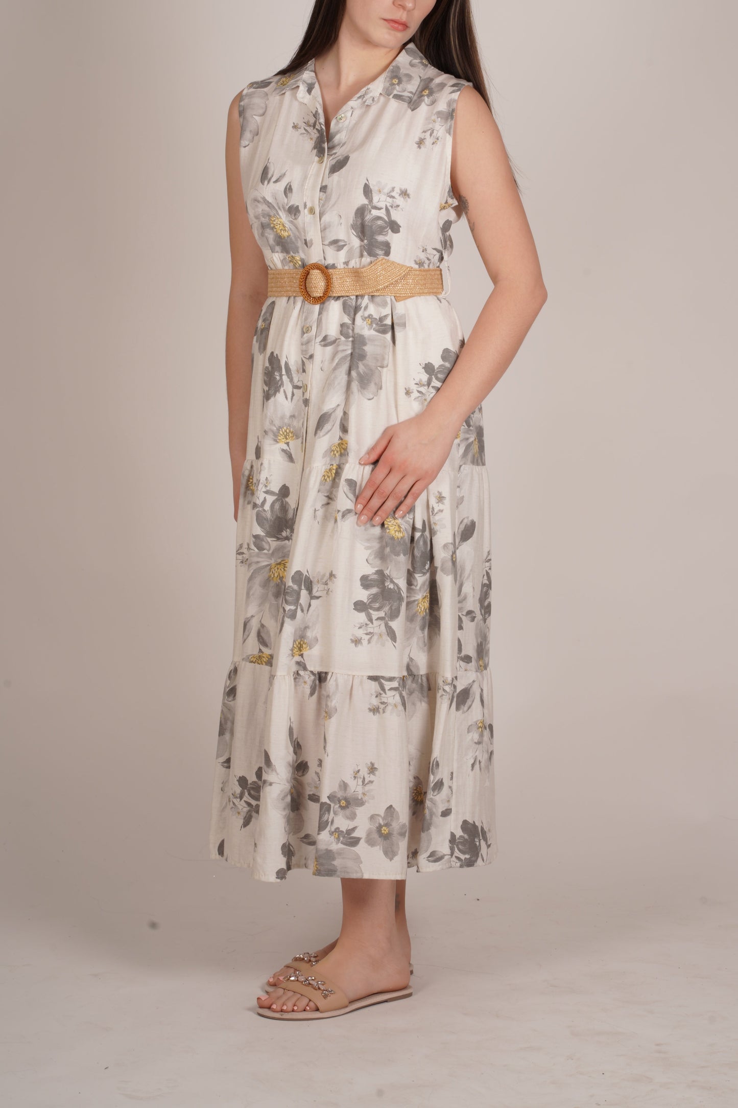 Stone Floral Sleeveless Button-Up Dress with Belt