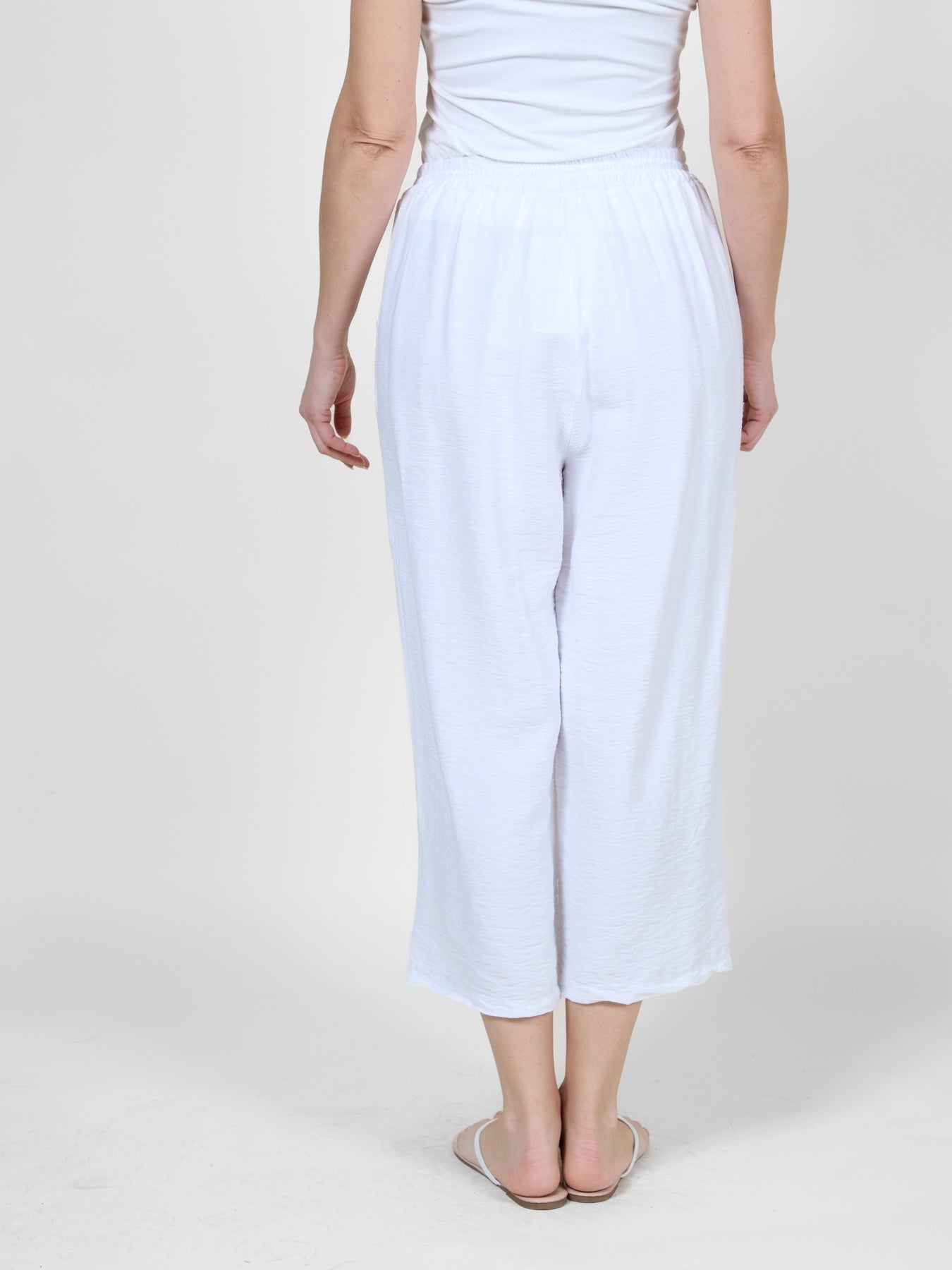 White Cropped Pull-On Pants with Tie Waistband