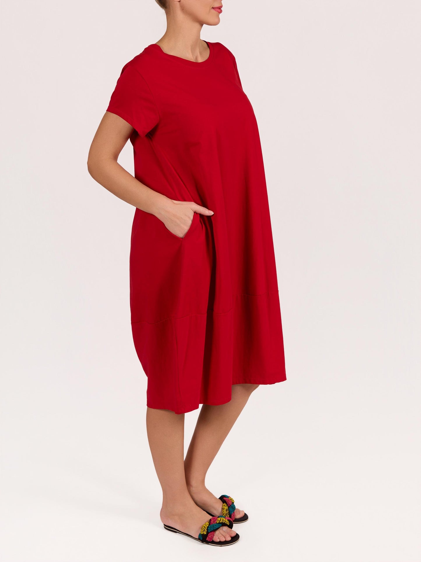 Red Short Sleeve Crew Neck Band Trim Dress