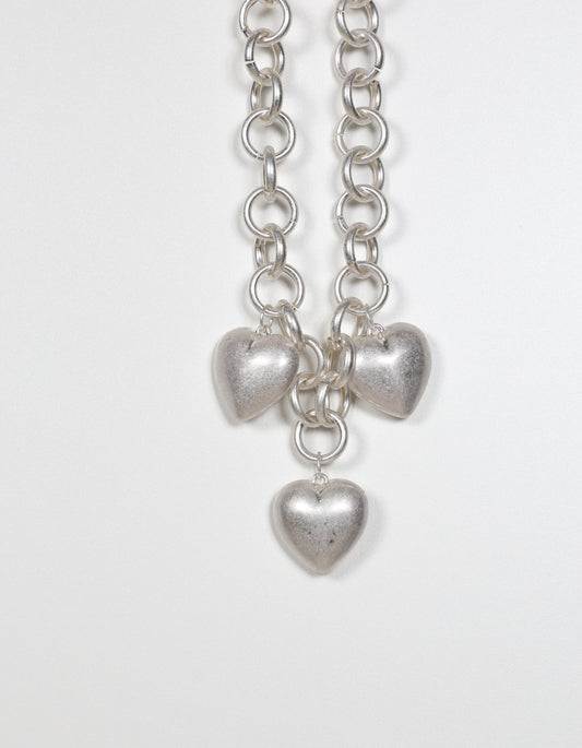 Silver Linked Chain Necklace with Heart Pendants