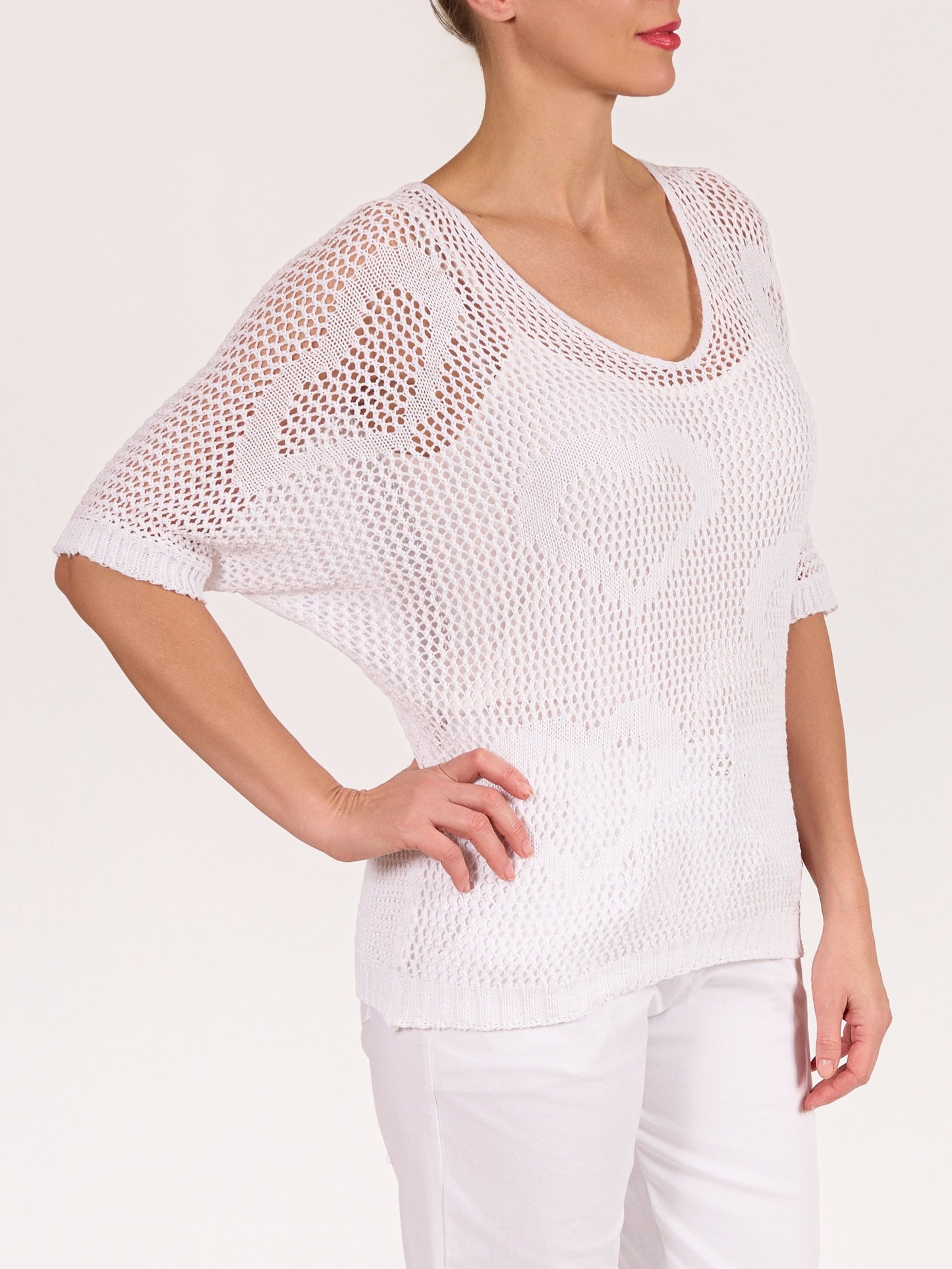 White V Neck Crochet Heart Pullover