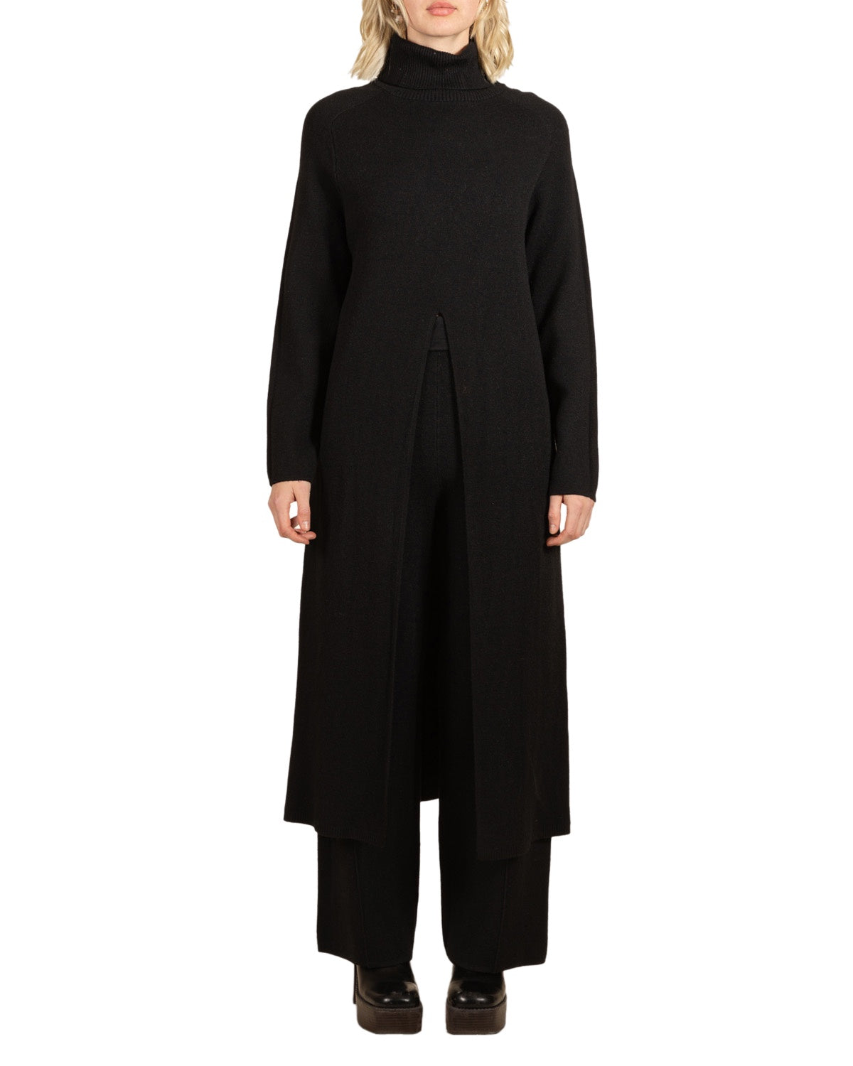 Black Maxi Turtleneck Front Opening Tunic Sweater