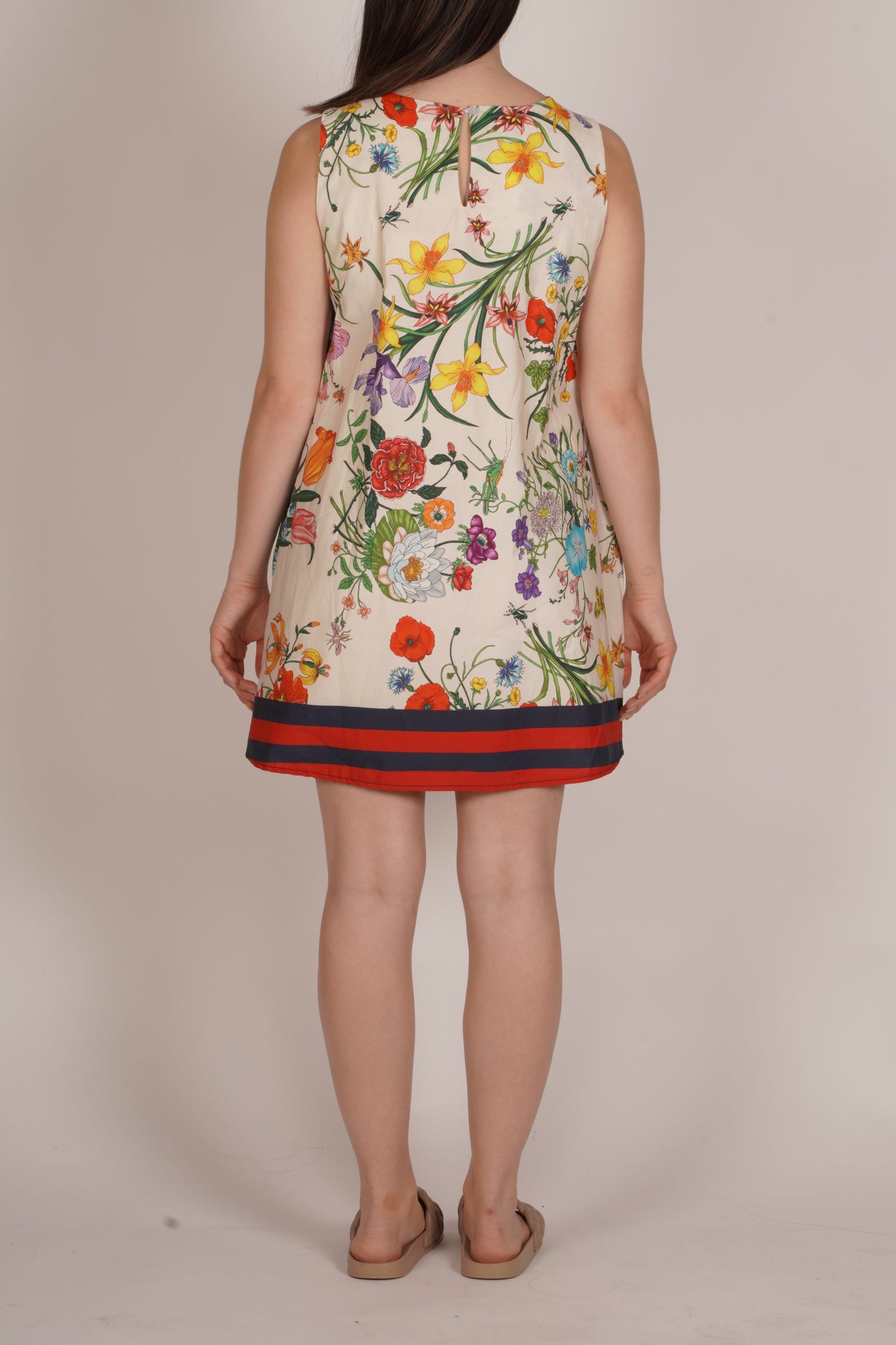 Ivory Sleeveless Floral Dress with Stripe Trim