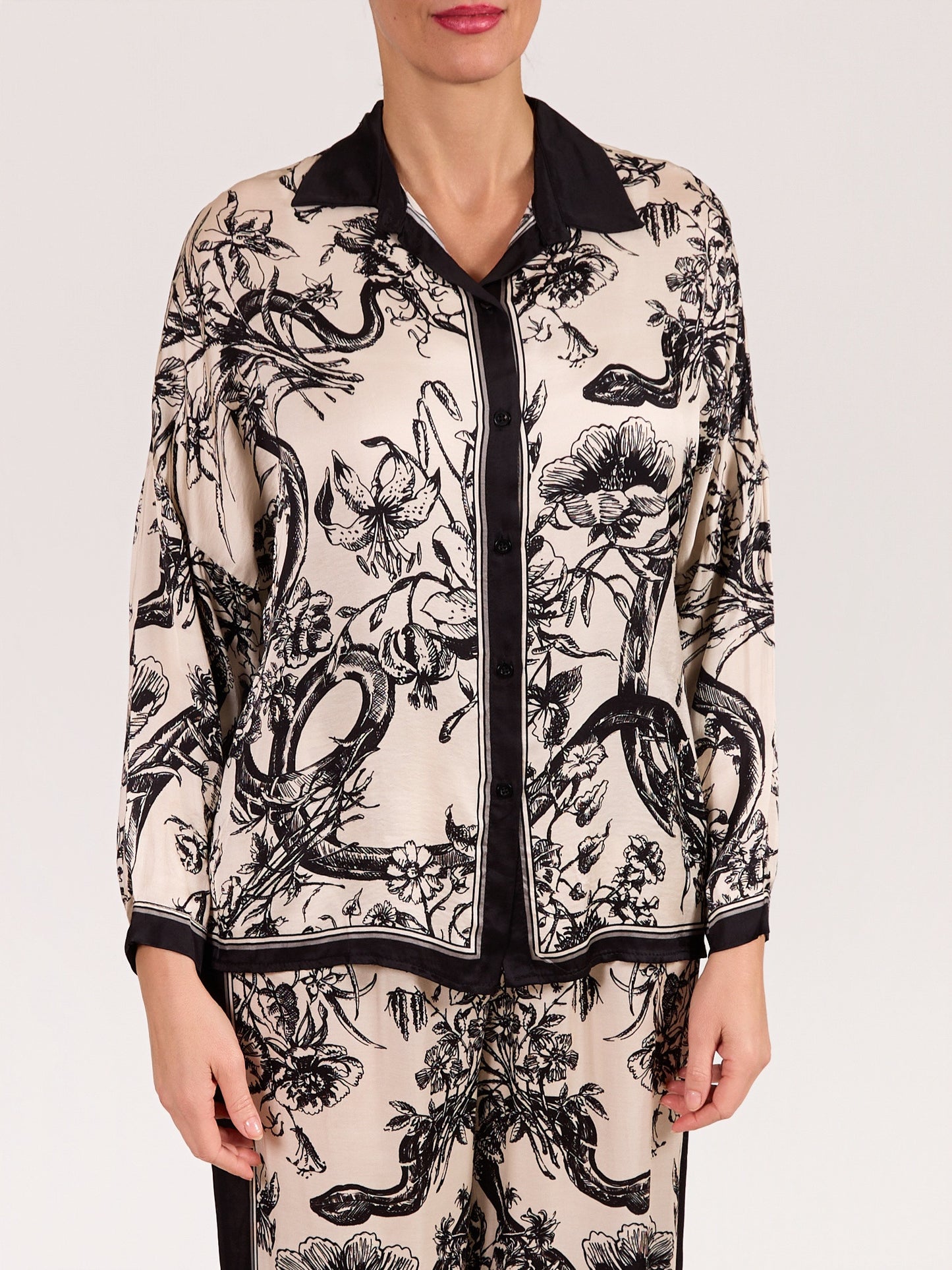 Ivory & Black Botanical Print Button Front Blouse