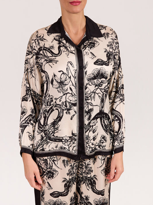 Ivory & Black Botanical Print Button Front Blouse