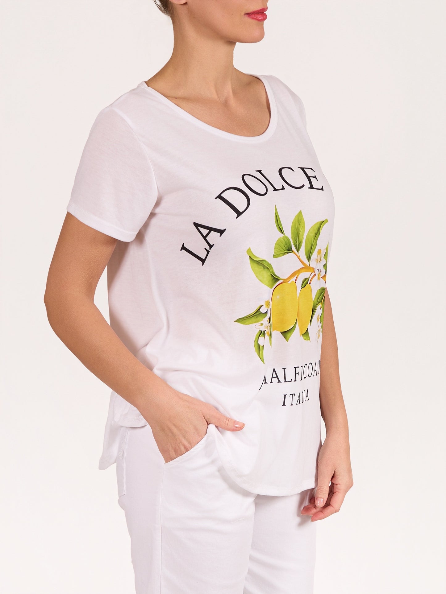 T-shirt blanc à encolure ronde et manches courtes avec motif Lemon Dolce Vita