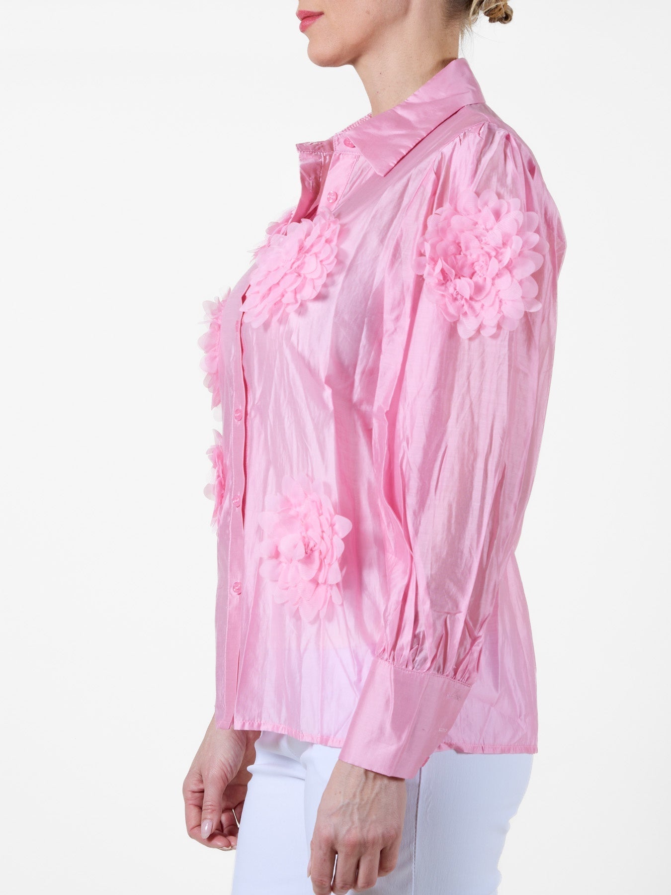 Rose Button-Up Blouse with Fabric Flower Detailing
