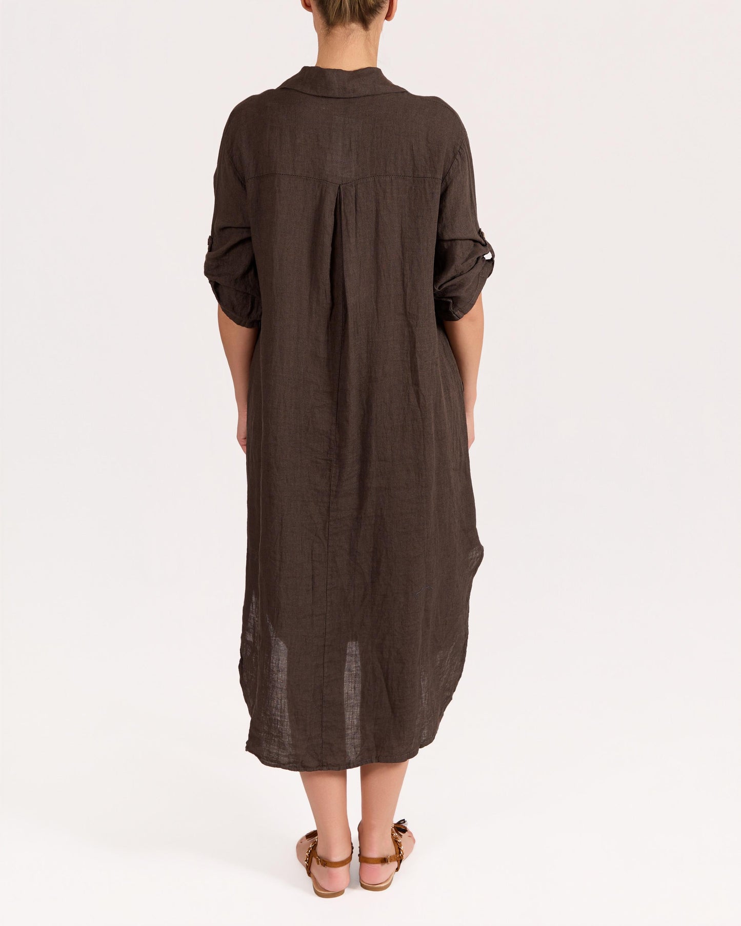 Espresso Roll Up Sleeve Placket Front Dress