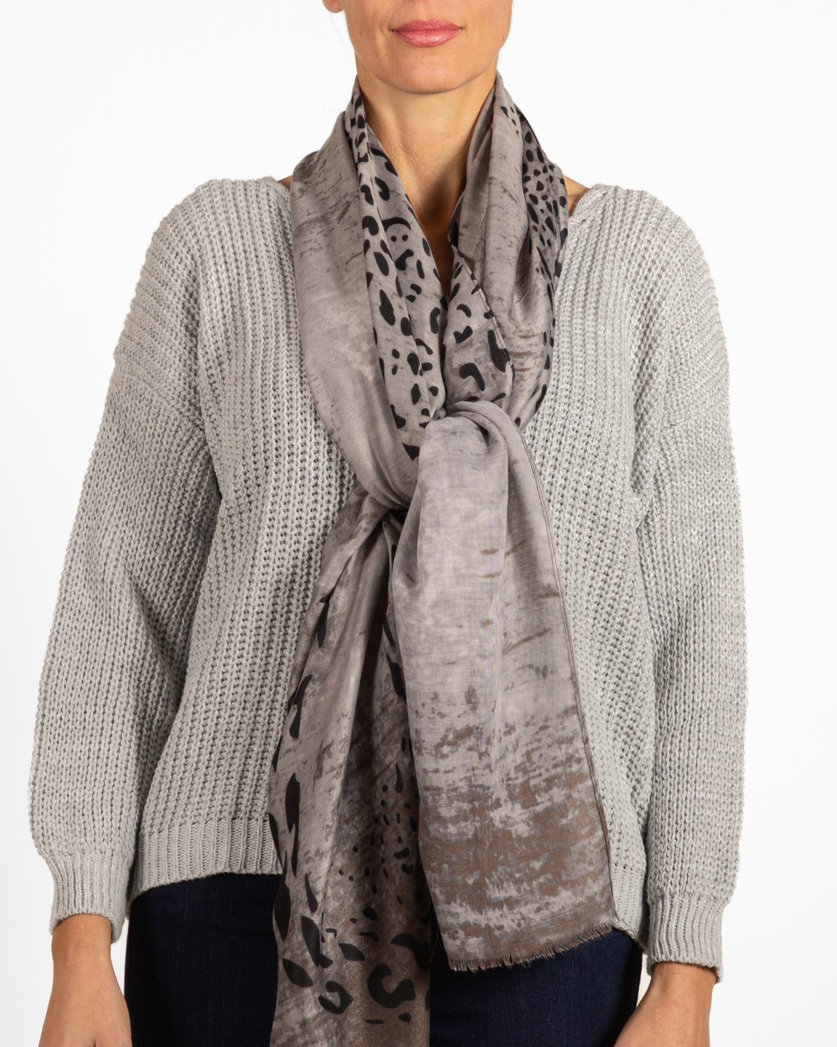 Grey Melange V-Neck Cable Knit Rib Combo Sweater
