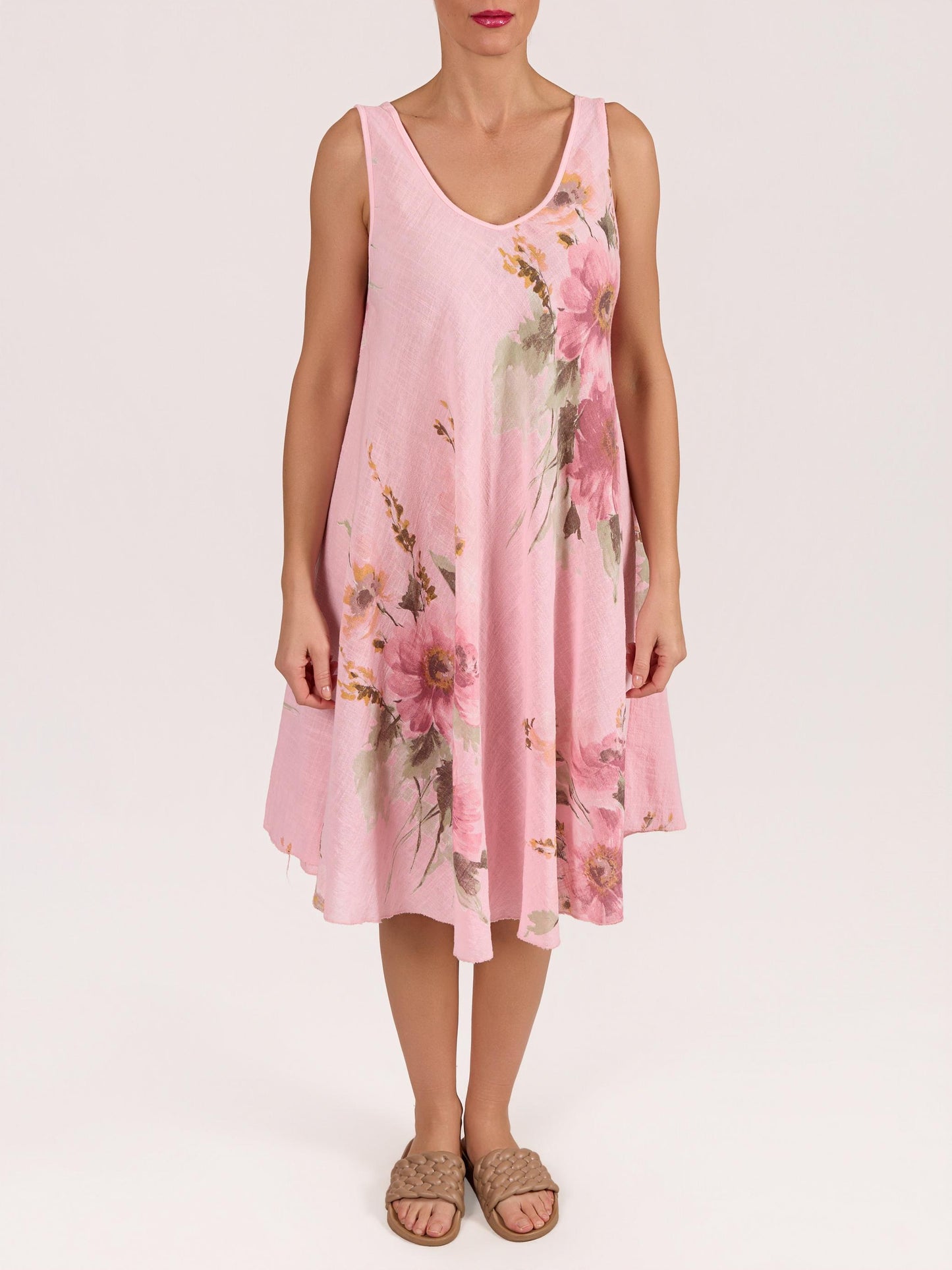 Robe Rose Sans Manches Évasée Ligne A à Imprimé Floral