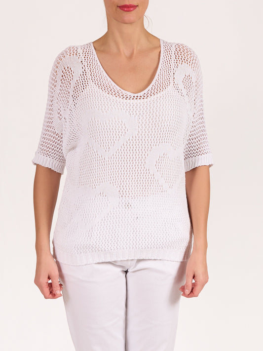 White V Neck Crochet Heart Pullover