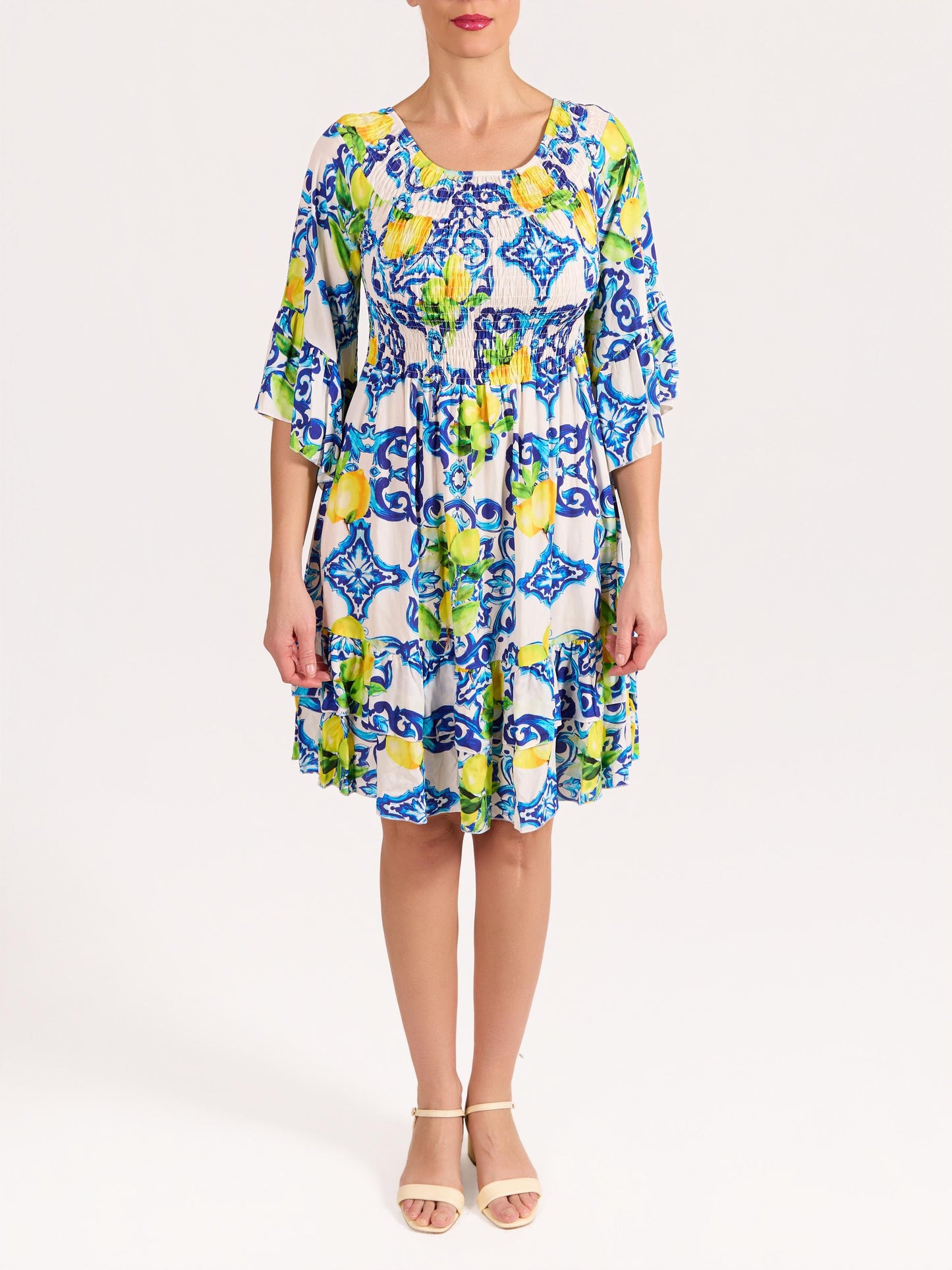 Peacock Elbow Ruffle Sleeve Rushed Lemon Amalfi Dress