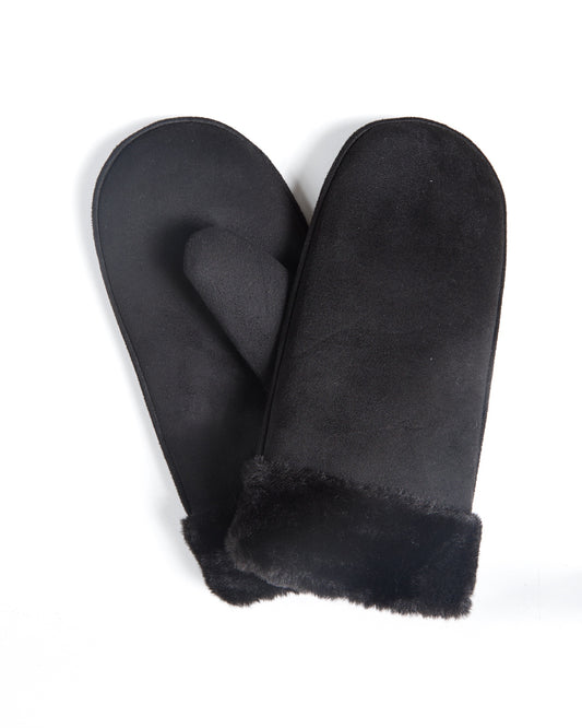 Faux Suede Fur Trimmed Black Mittens