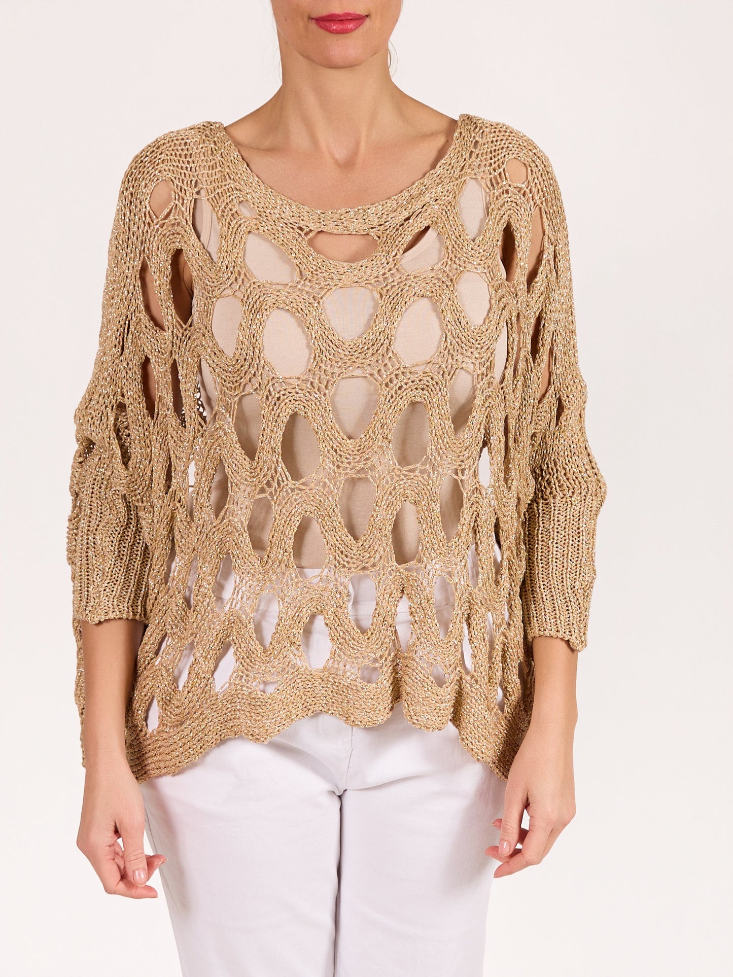 Gold Lurex Boat Neck Drop Shoulder Swirl Circle Lurex Sweater