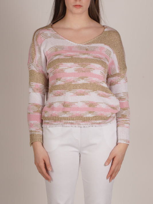 Cherry Marble Knit V-Neck Long Sleeve Top