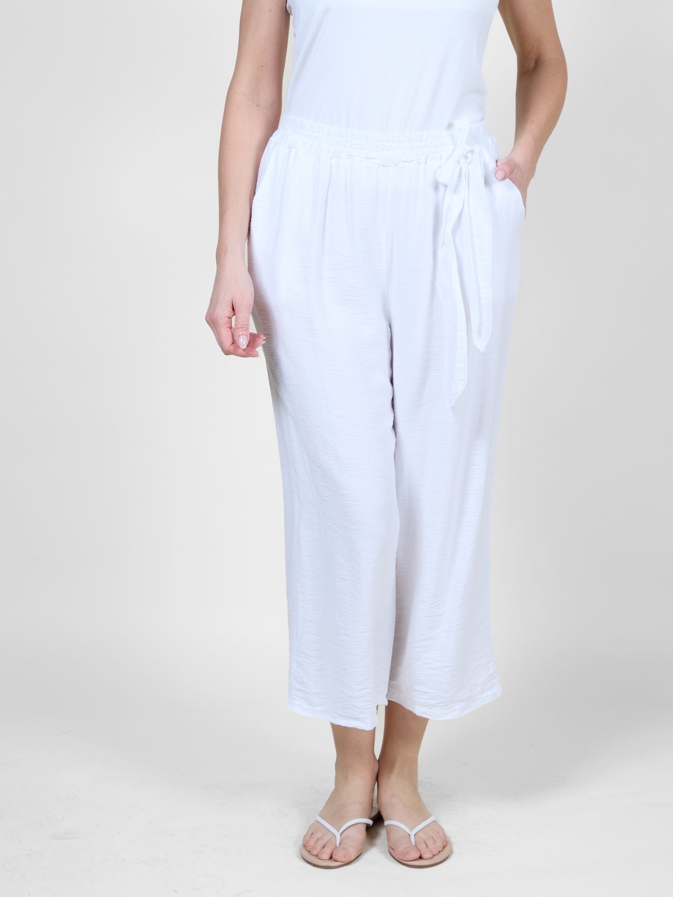 White Cropped Pull-On Pants with Tie Waistband