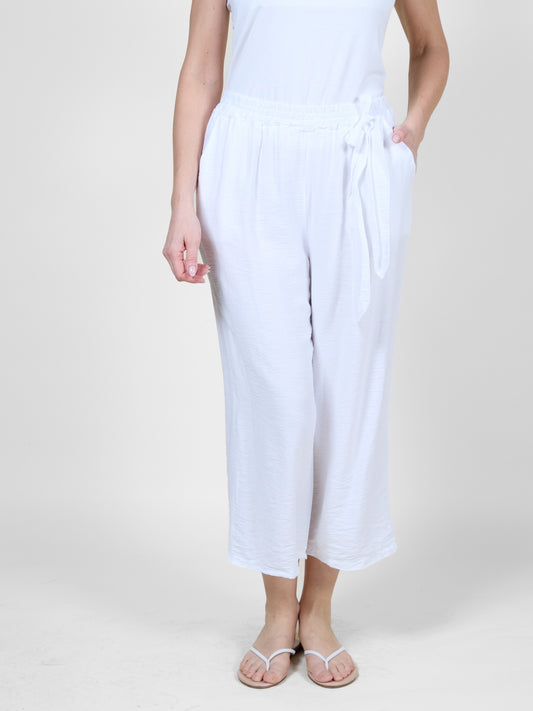 White Cropped Pull-On Pants with Tie Waistband