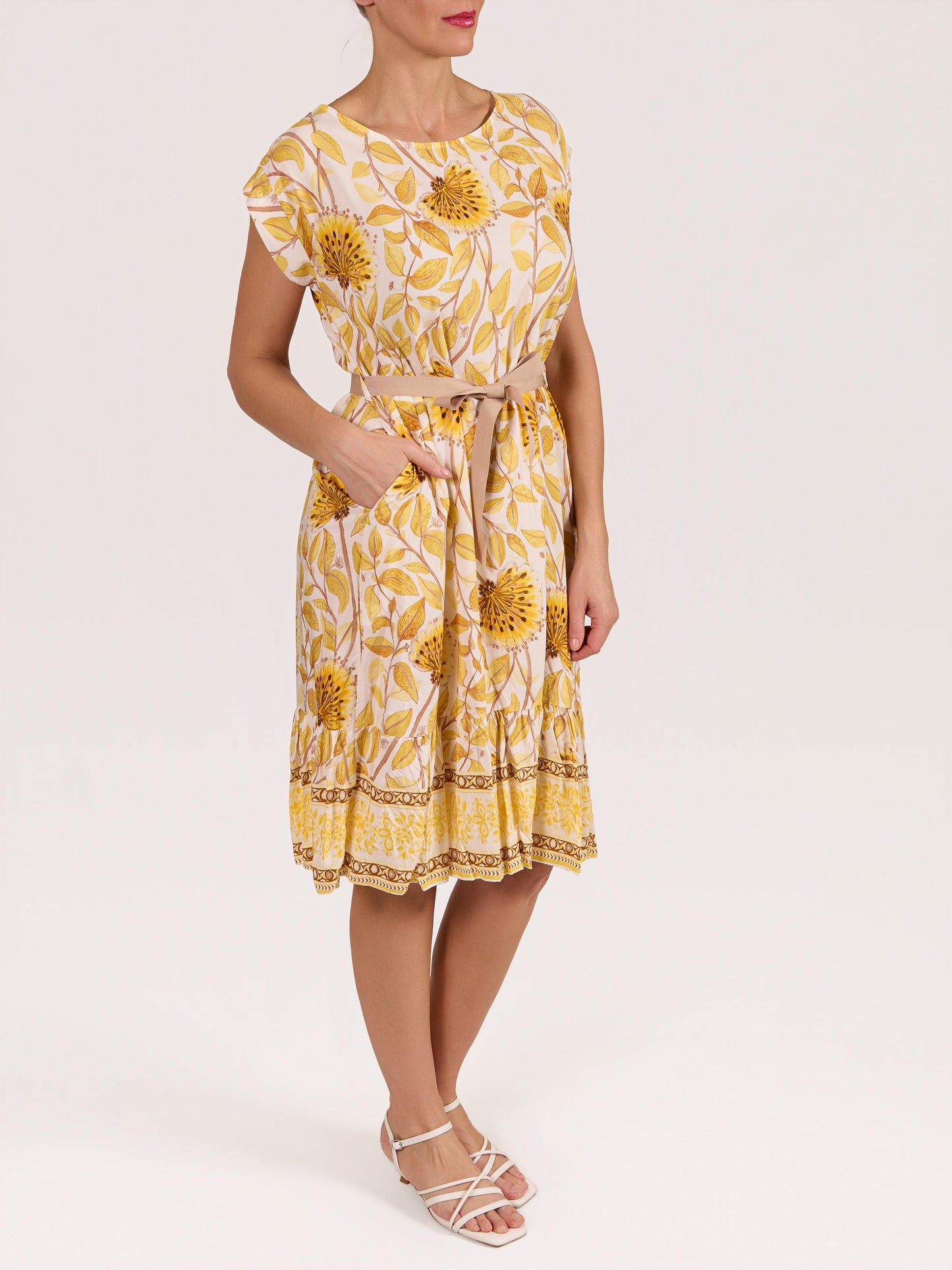 Yellow Boat Neck Ribbon Belt Floral Ruffle Dress