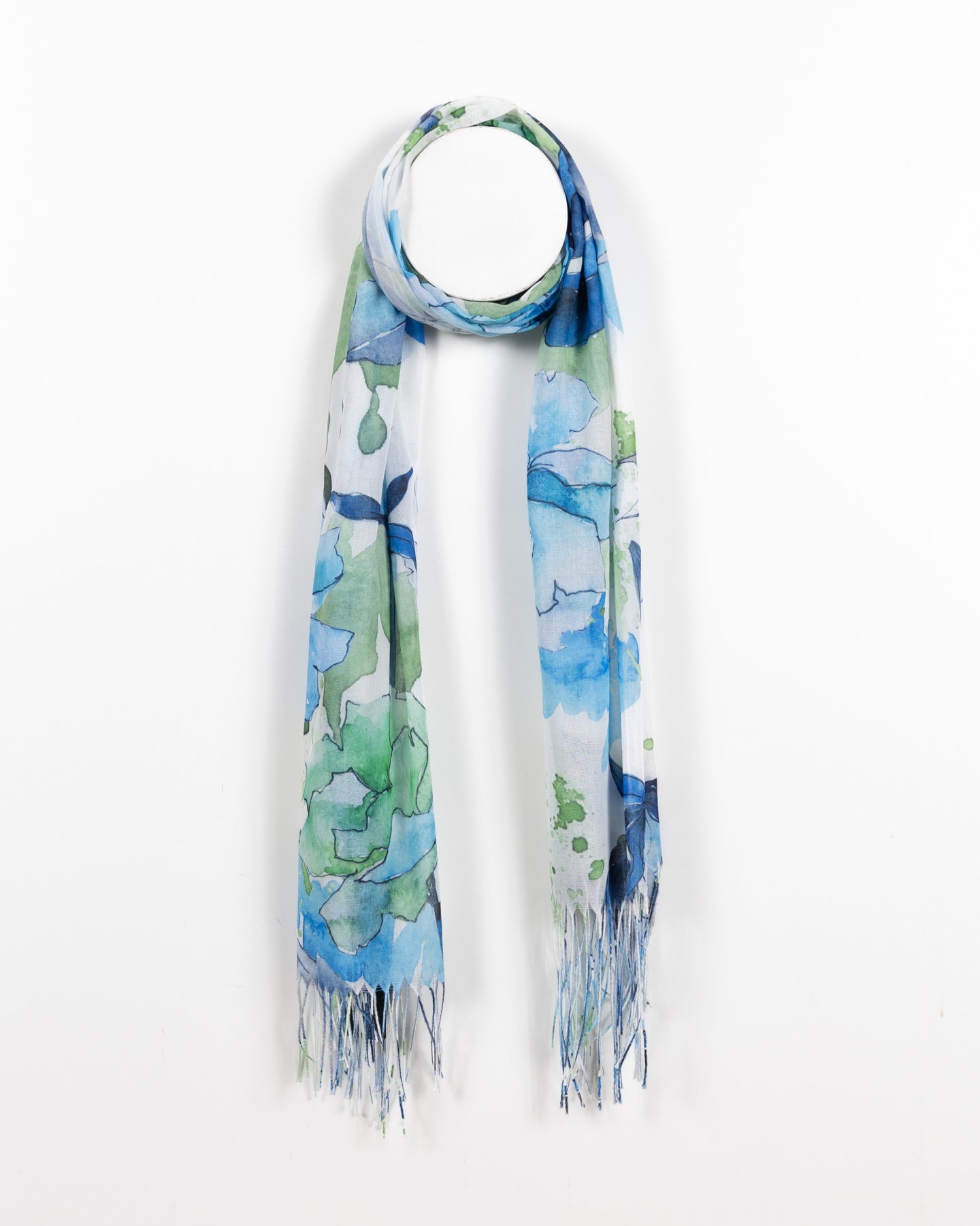 Floral Watercolor Semi-Sheer Scarf - Blue and Green Tones