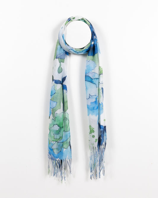 Floral Watercolor Semi-Sheer Scarf - Blue and Green Tones