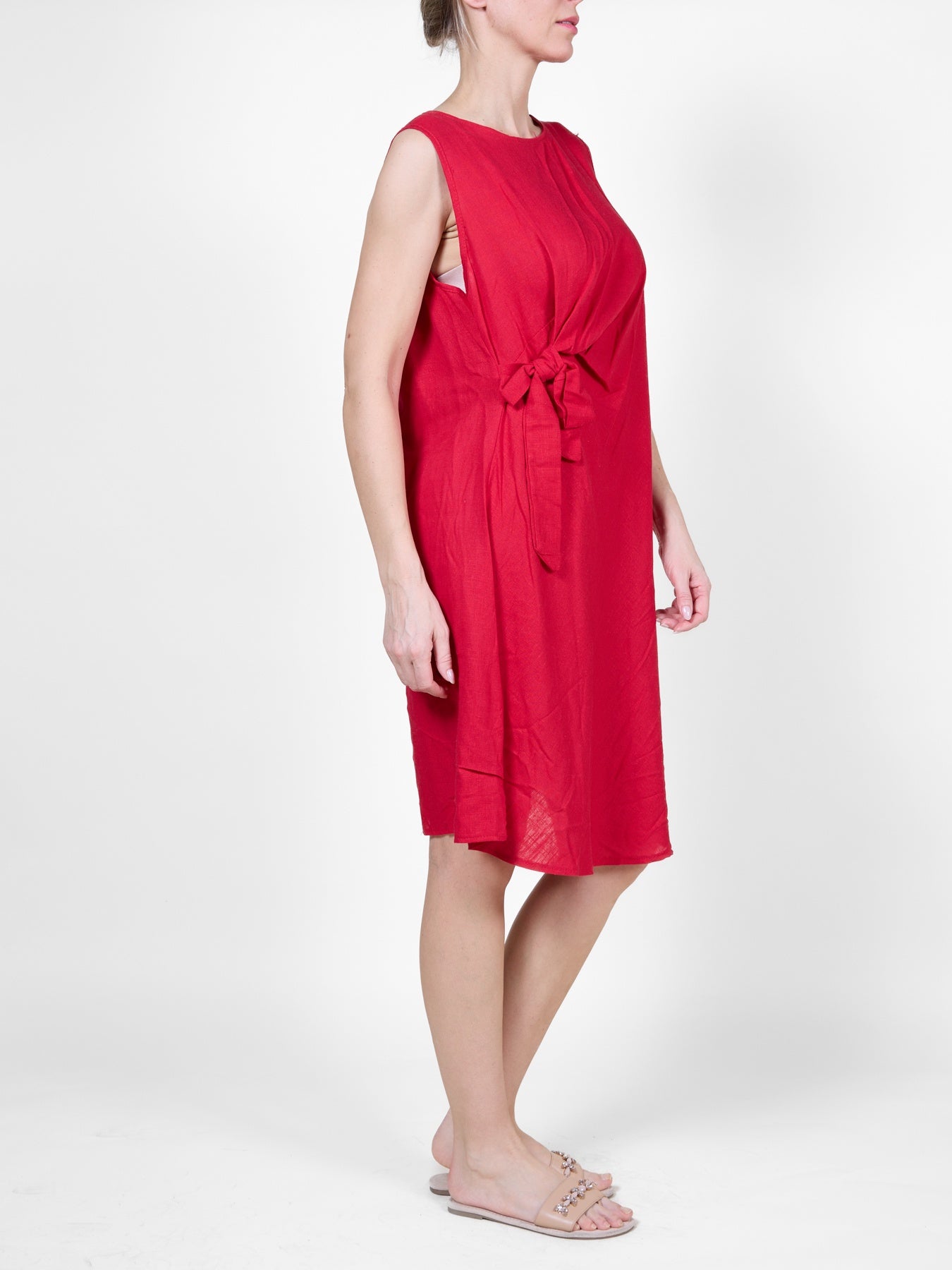 Red Mid-Length Dress with Side Tie Detail