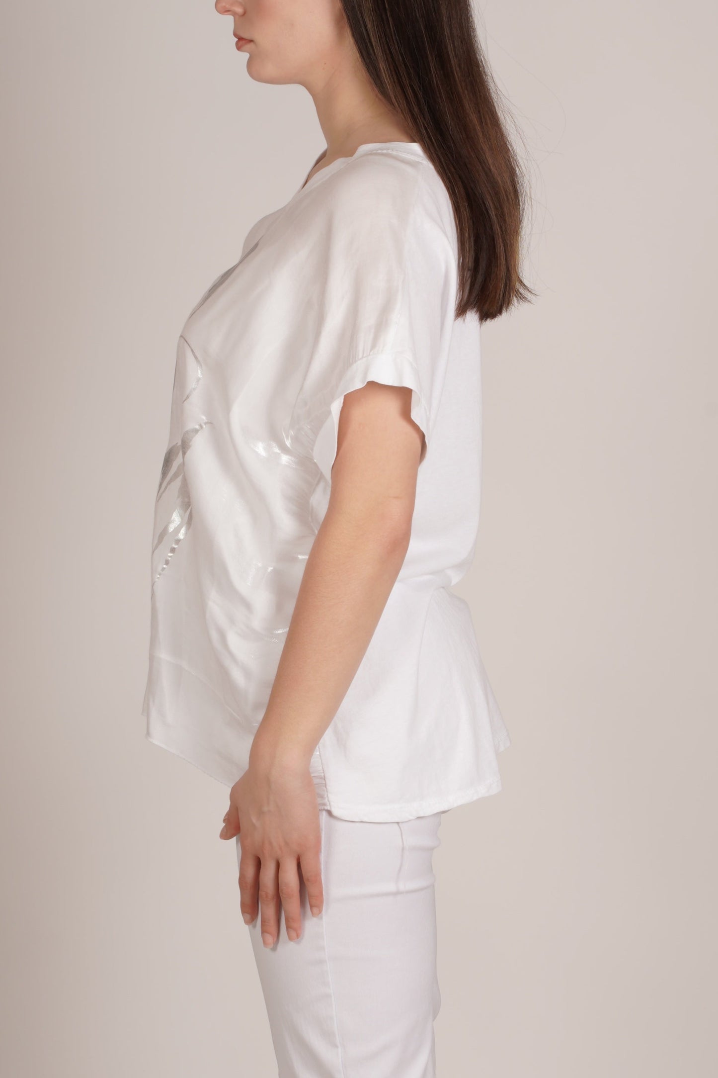White Drop Shoulder Combo Knit Shimmer Top