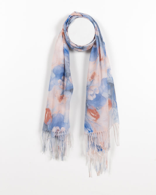 Pastel Floral Watercolor Scarf - Peach and Blue Tones