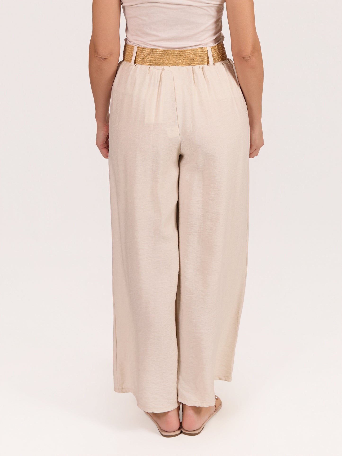 Pantalon Ivoire à Taille Élastique avec Ceinture et 2 Poches