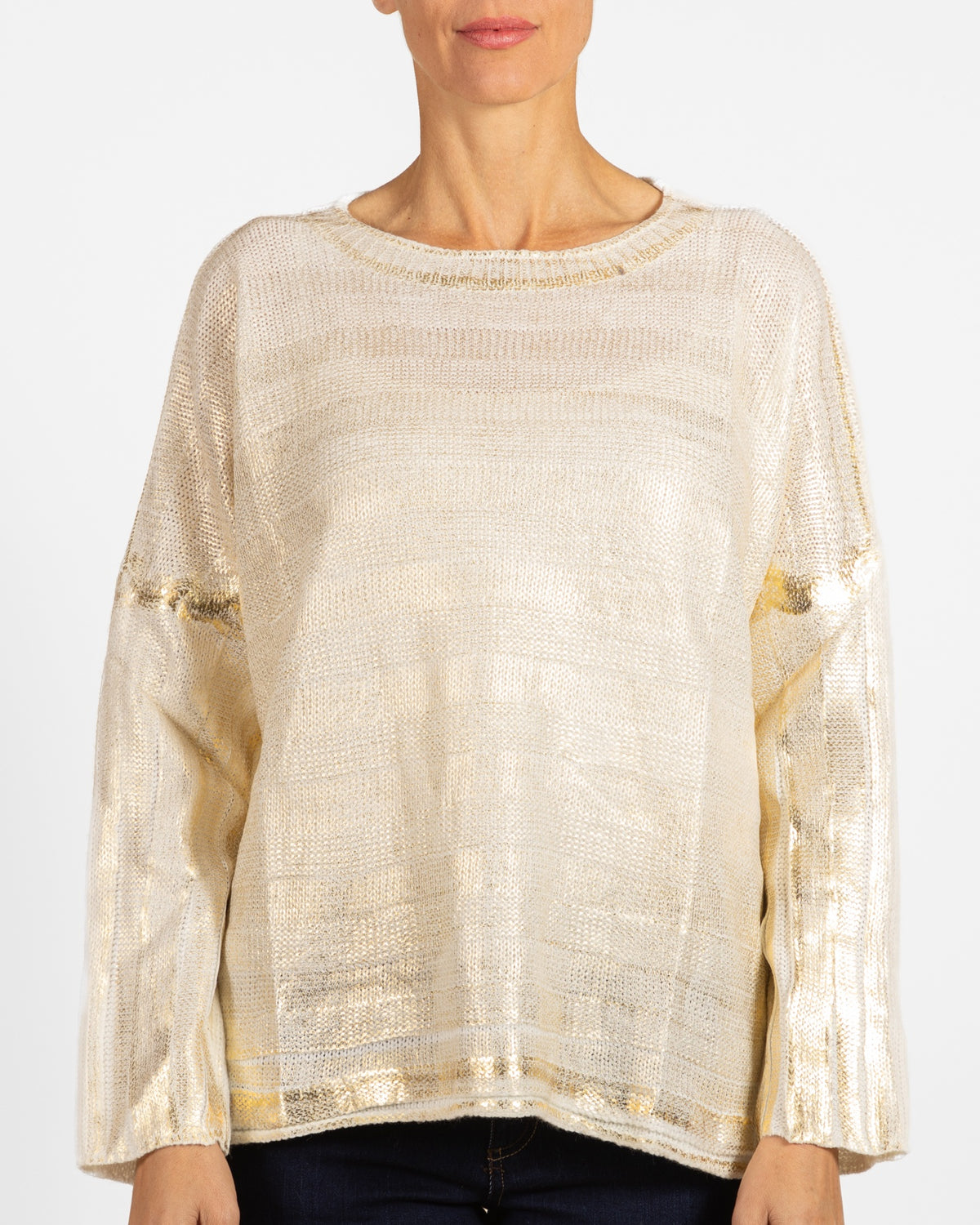 Snow Drop Shoulder Gold Foil Front Box Shape Double Knit Sweater