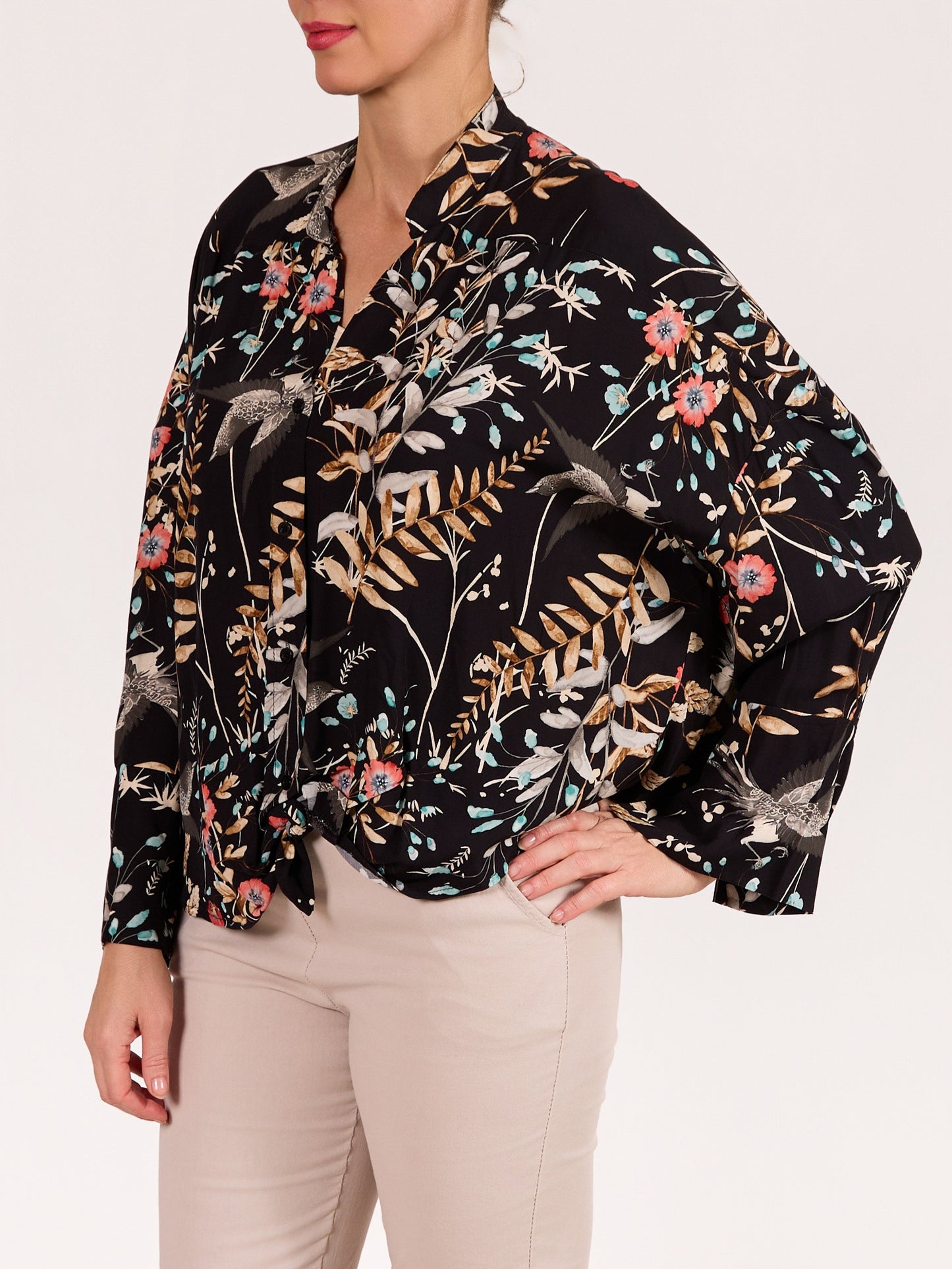 Black Button Front Long Sleeve Mandarin Collar Tie Front Floral Blouse