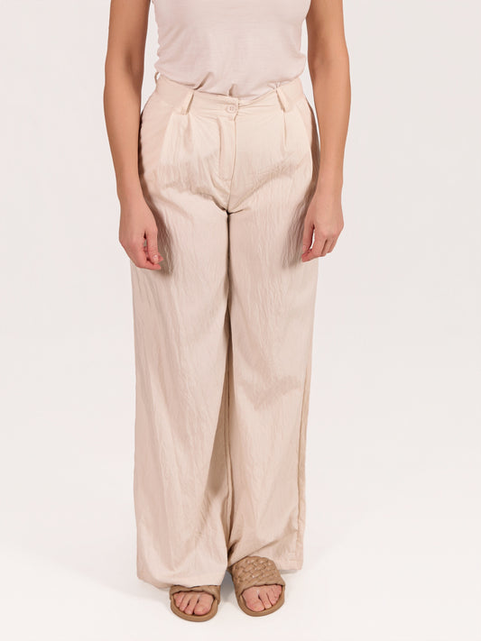 Beige Button Front Crinkle Pant
