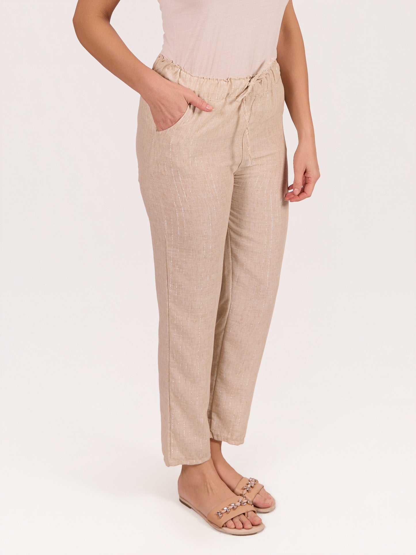 Beige Linen Blend Pull On Lurex Thread Pant
