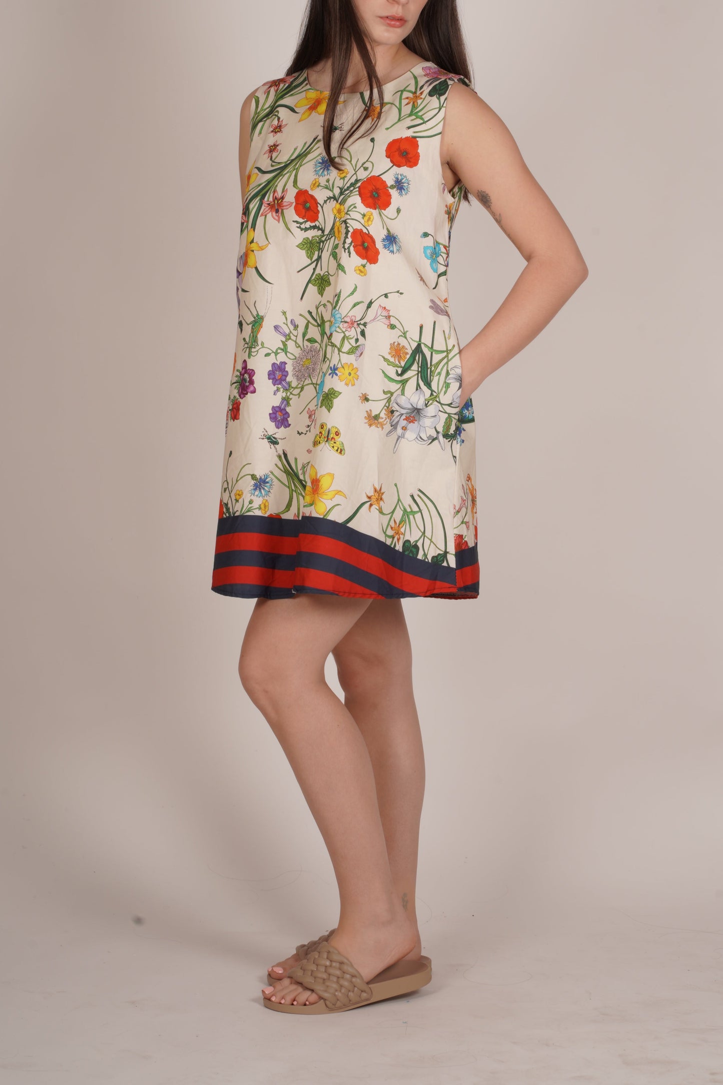 Ivory Sleeveless Floral Dress with Stripe Trim