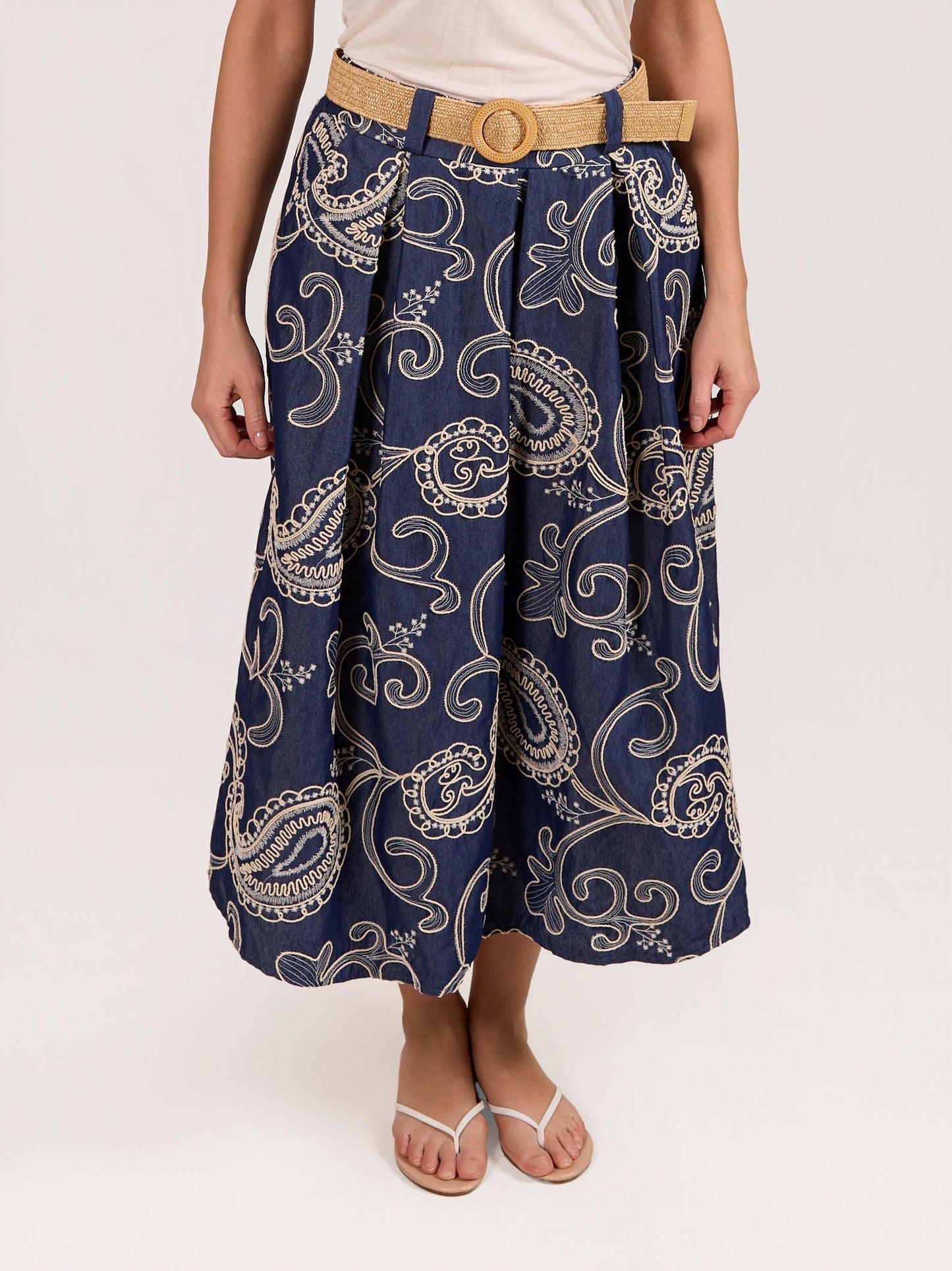 Denim Blue Flare Belted Embroidered Skirt