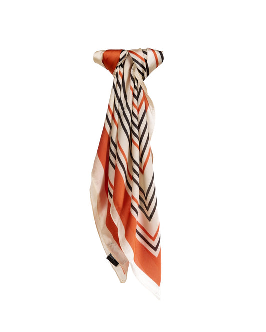Silky Decorative Square Scarf with Bold Red Stripes and Dynamic Geometric Pattern