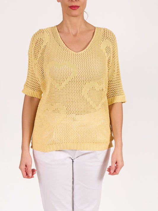 Yellow V Neck Crochet Heart Pullover