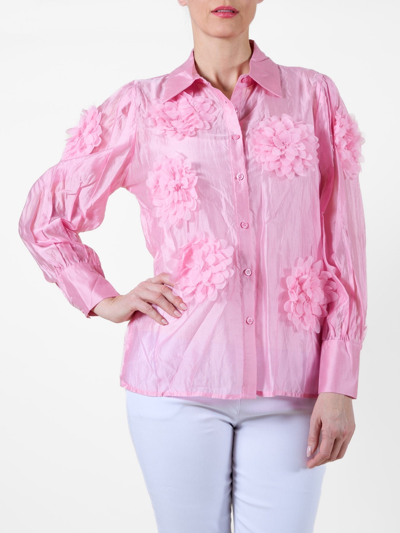 Rose Button-Up Blouse with Fabric Flower Detailing