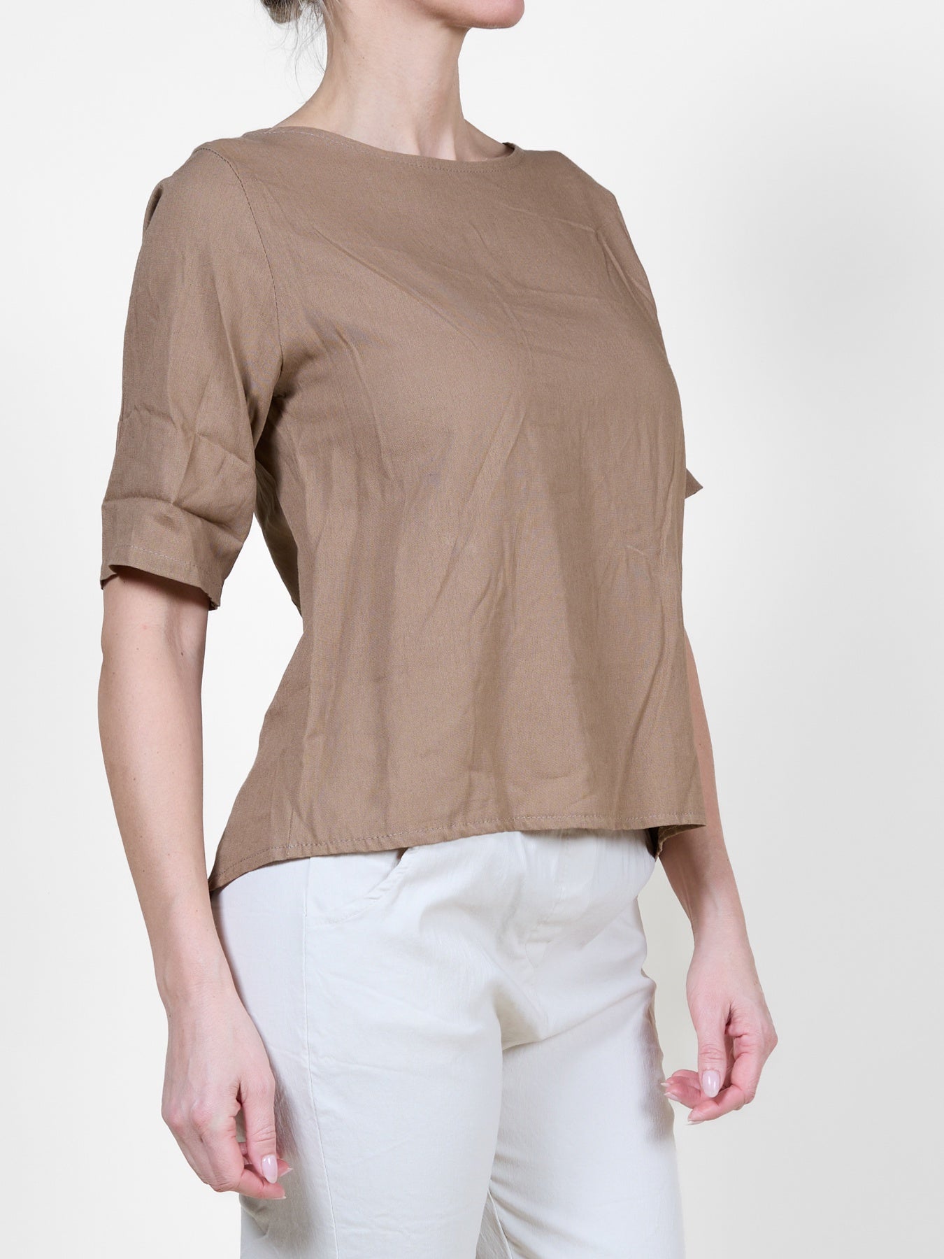 Tan Cuffed Short-Sleeve Button-Back T-Shirt Blouse