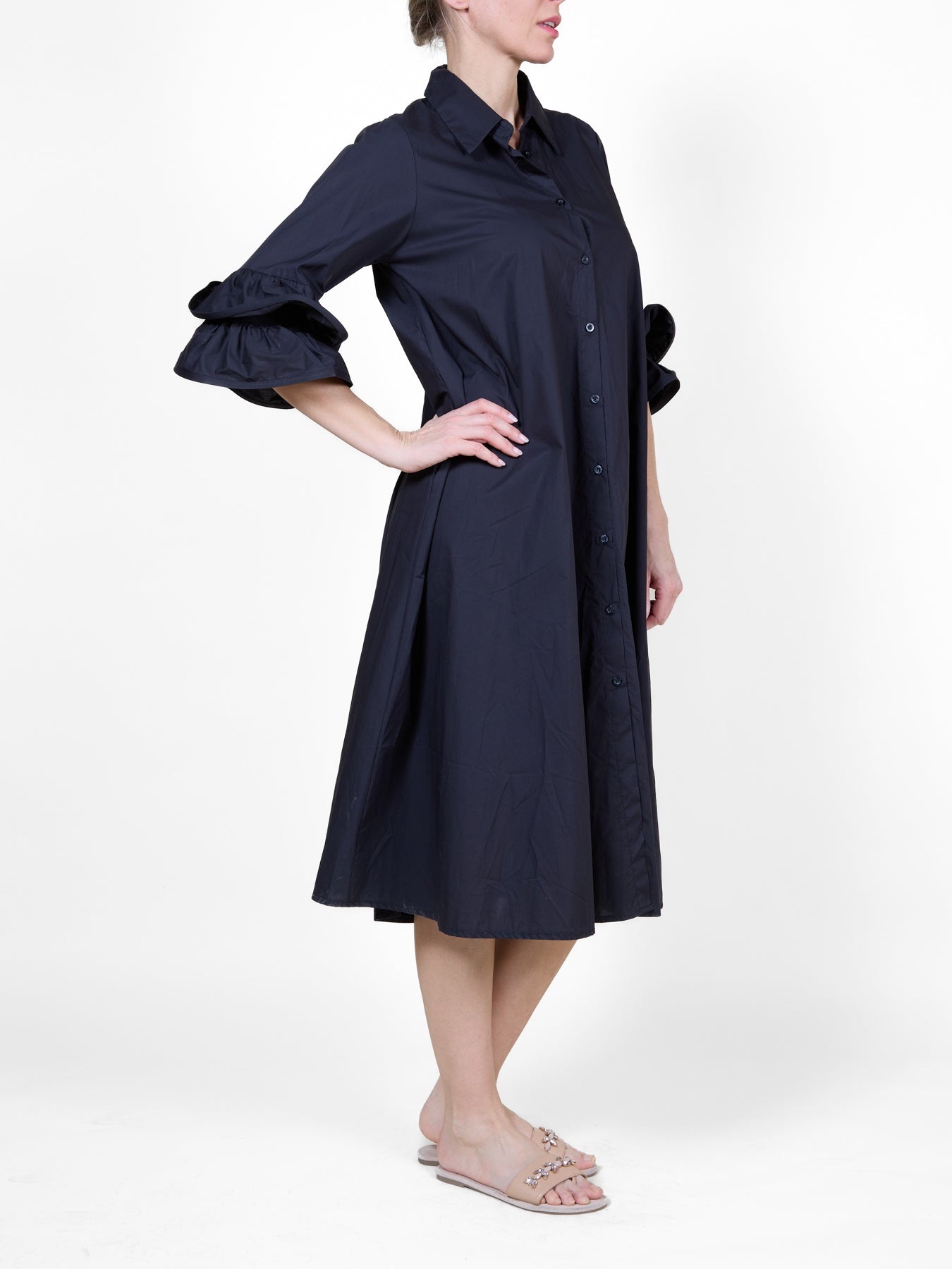 Black Button Front Dress with 3/4 Ruffle Sleeves