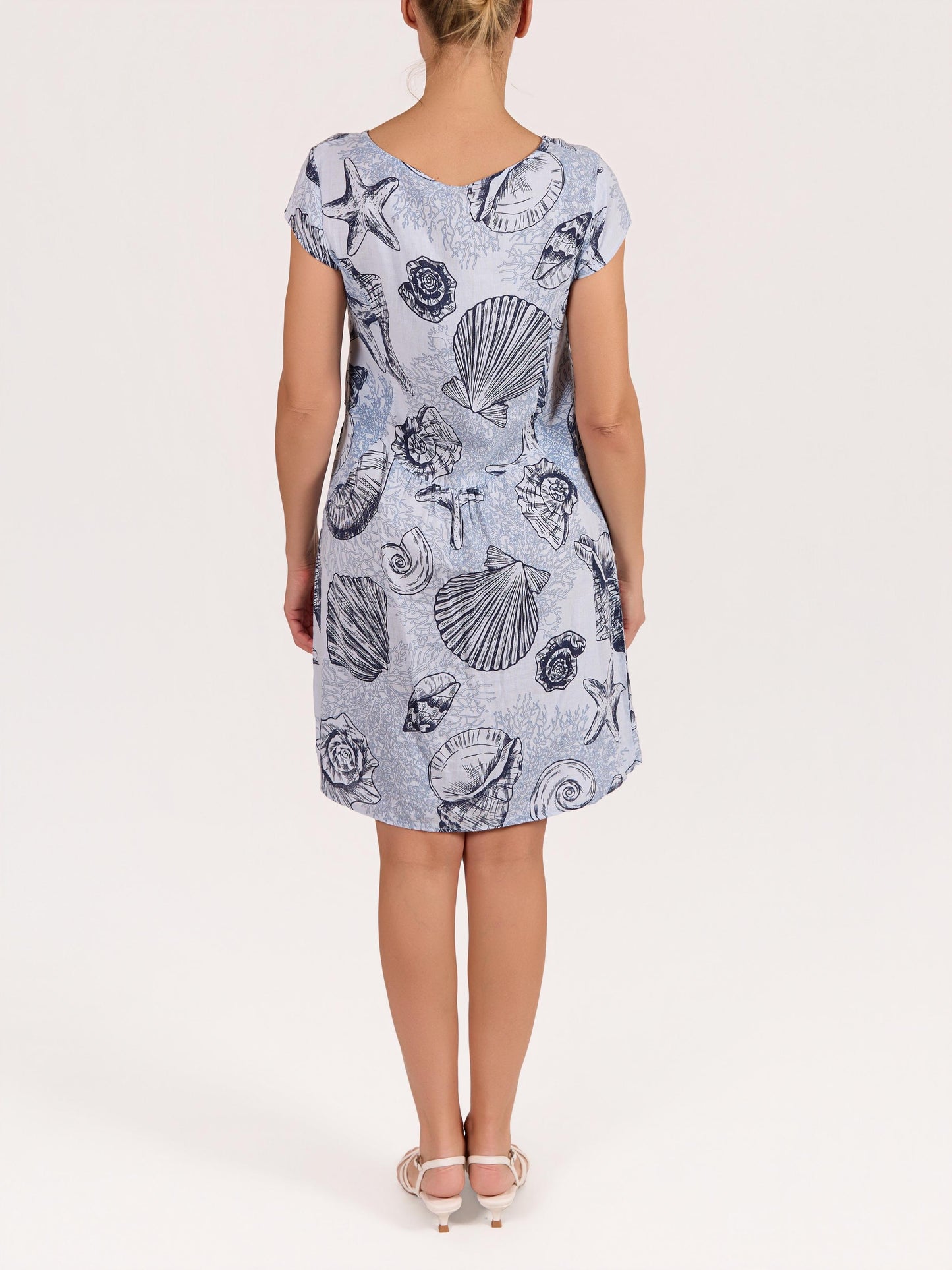 Blue Cap Sleeve Sea Shell Print Rib Side Dress