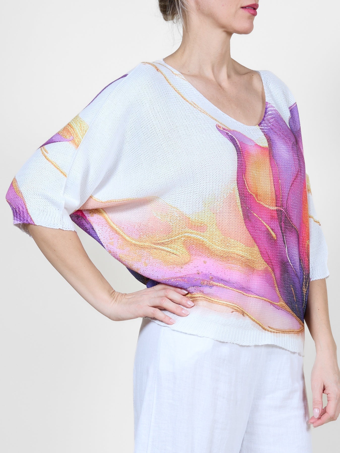 White Top with Bold Purple, Pink & Yellow Floral Print